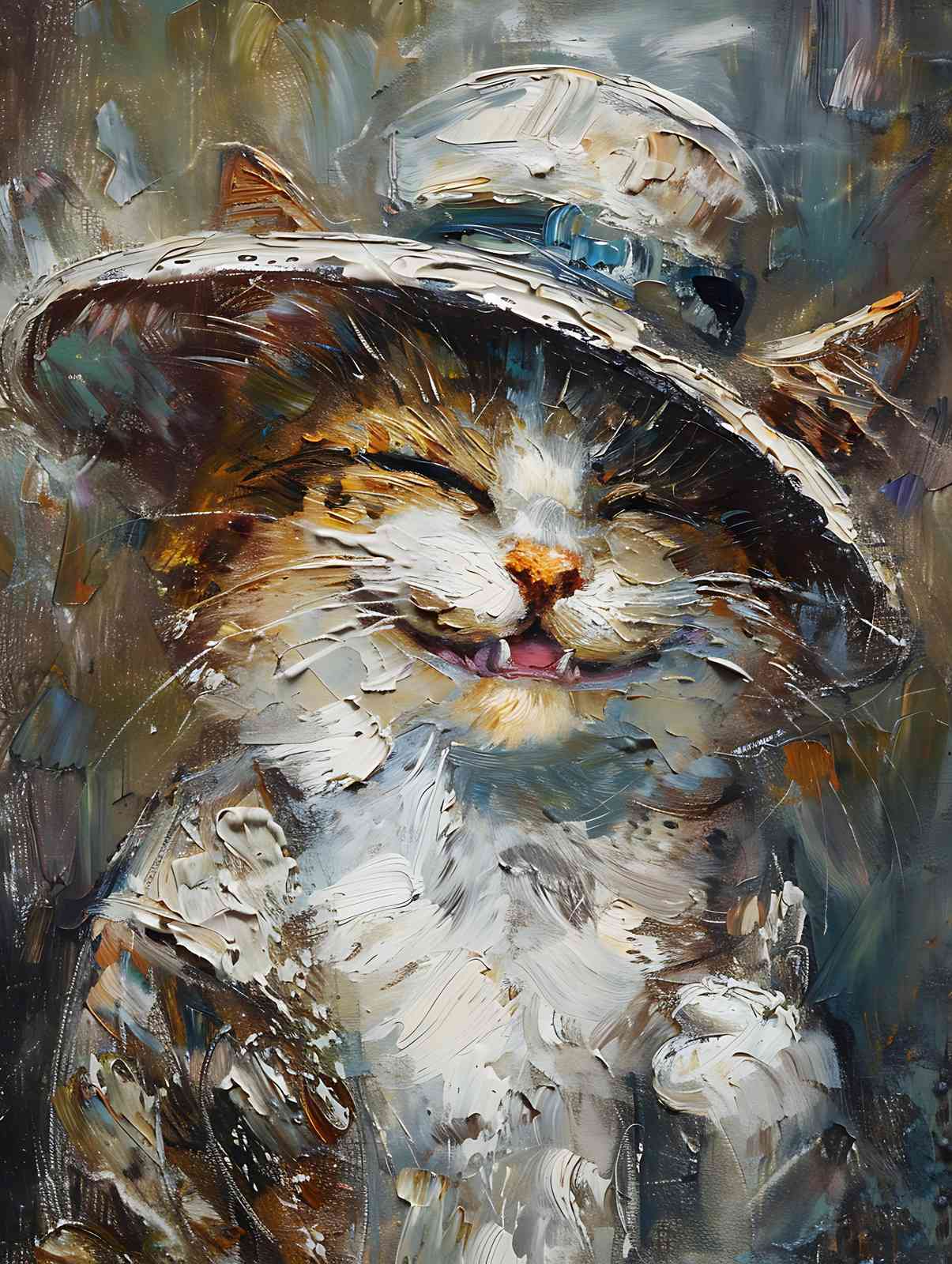 Joyful Cat in Hat Textured Oil Painting Wall Art