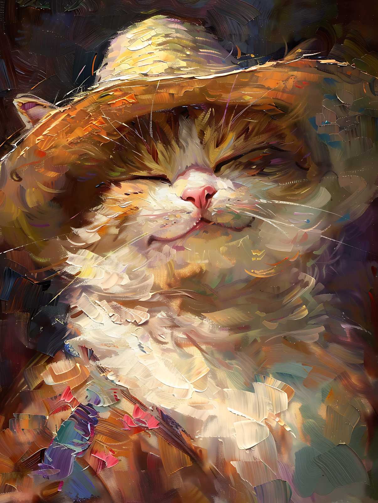 Charming Cat Straw Hat Wall Art