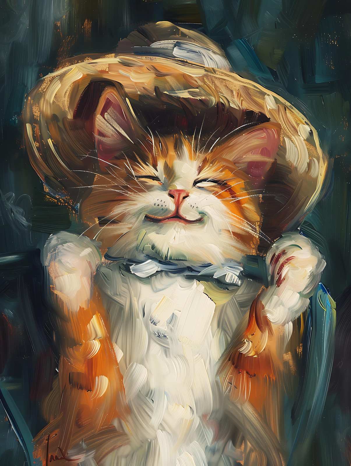 Joyful Cat with Hat Oil Painting Wall Art