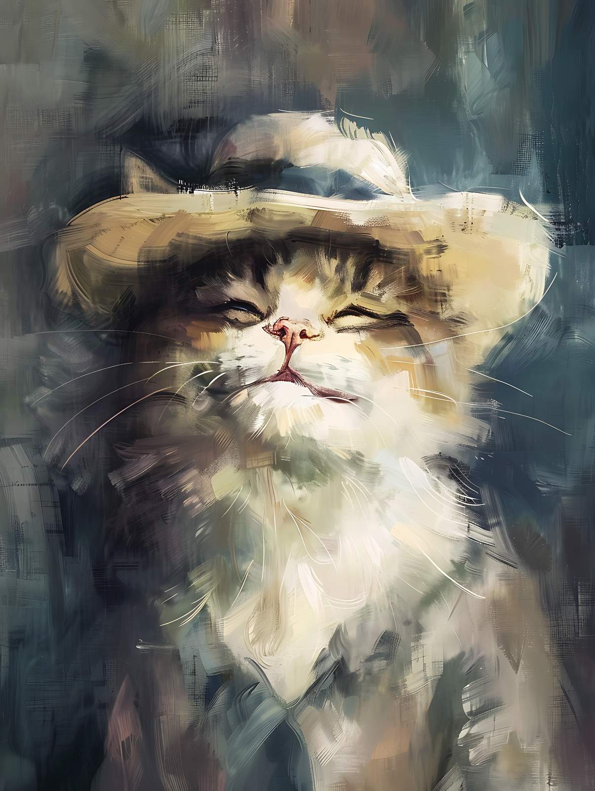 Whimsical Cat with Hat Abstract Wall Art