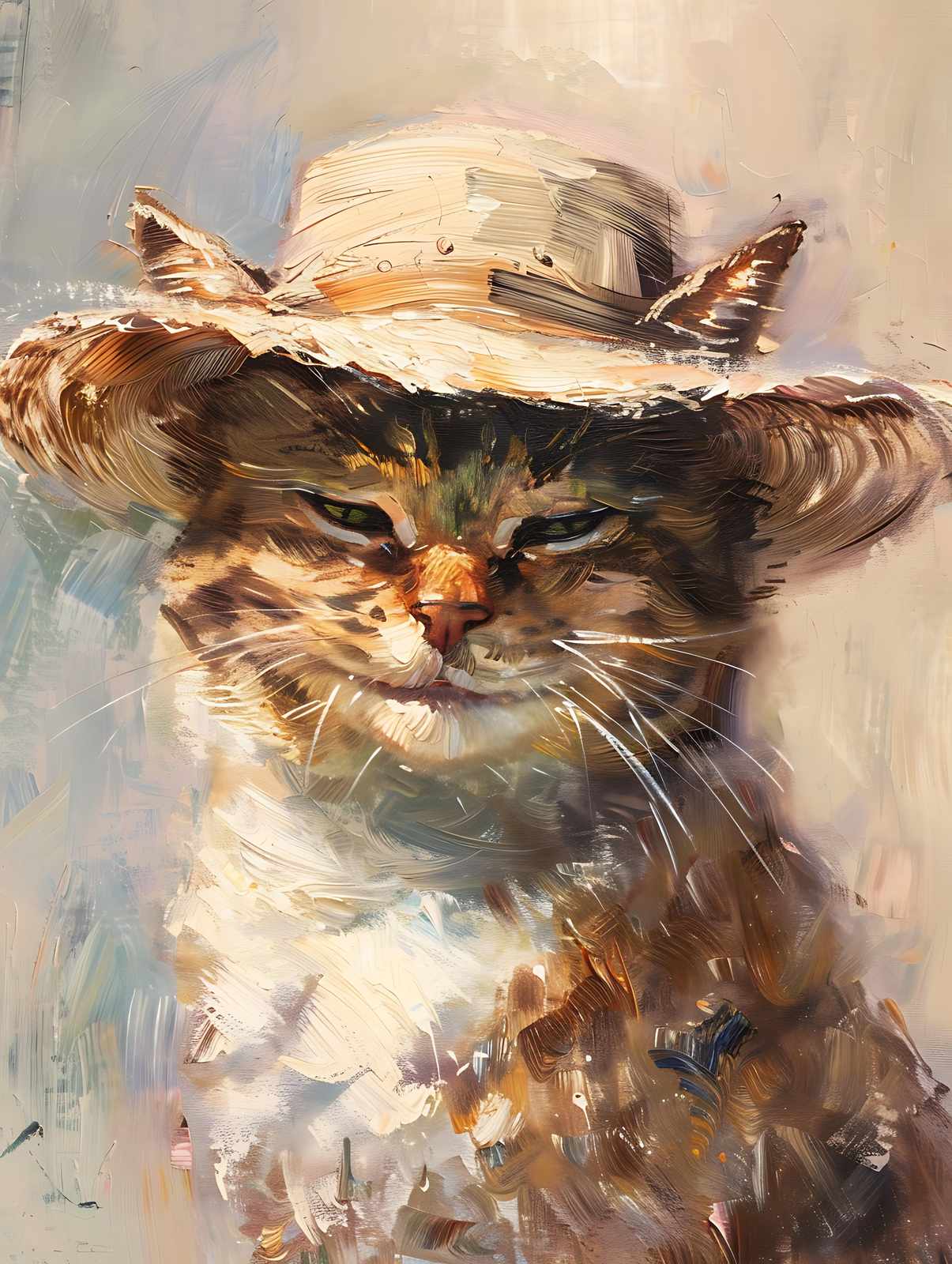 Whimsical Cat with Straw Hat Wall Art