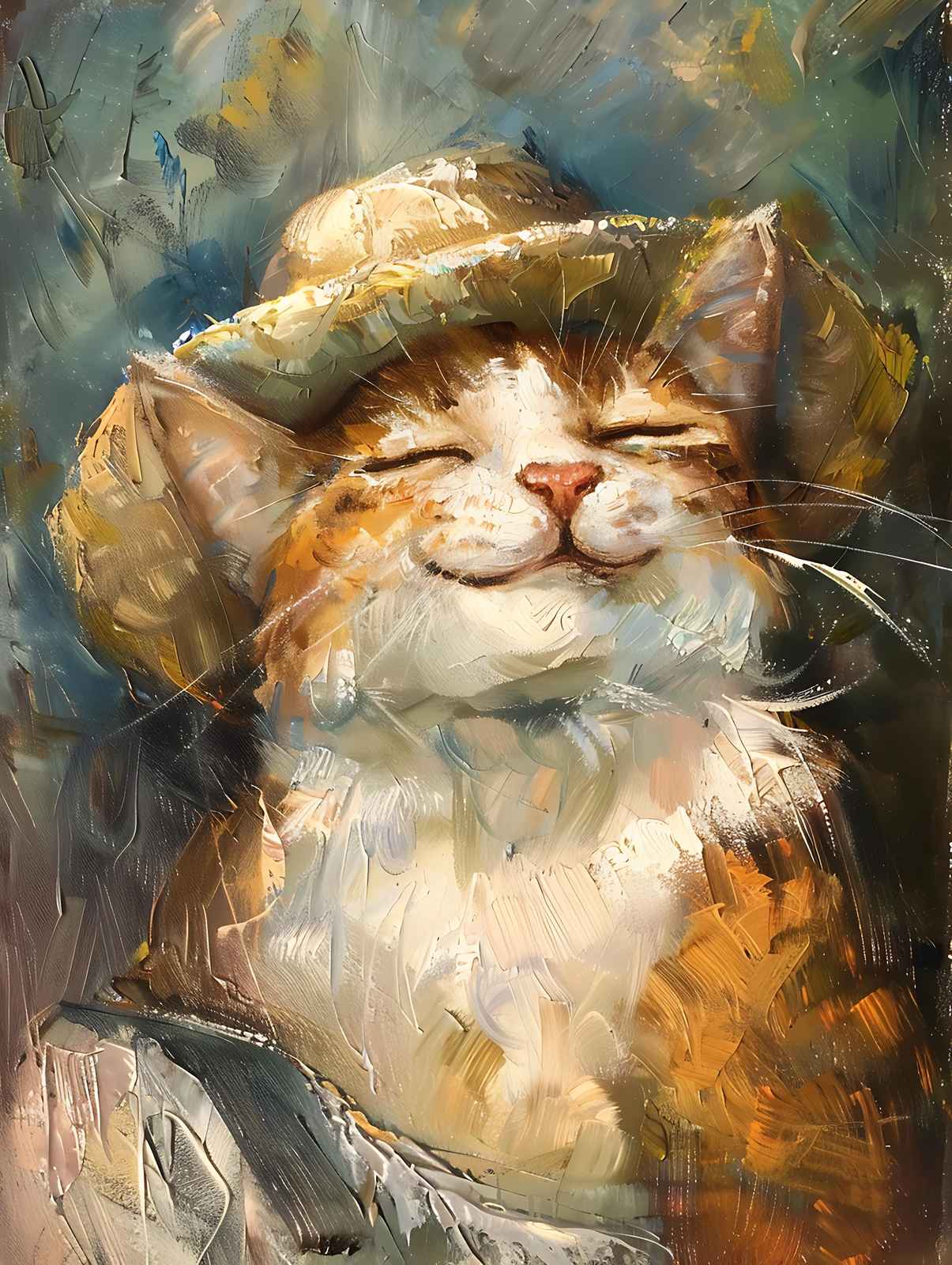 Joyful Cat with Straw Hat Wall Art