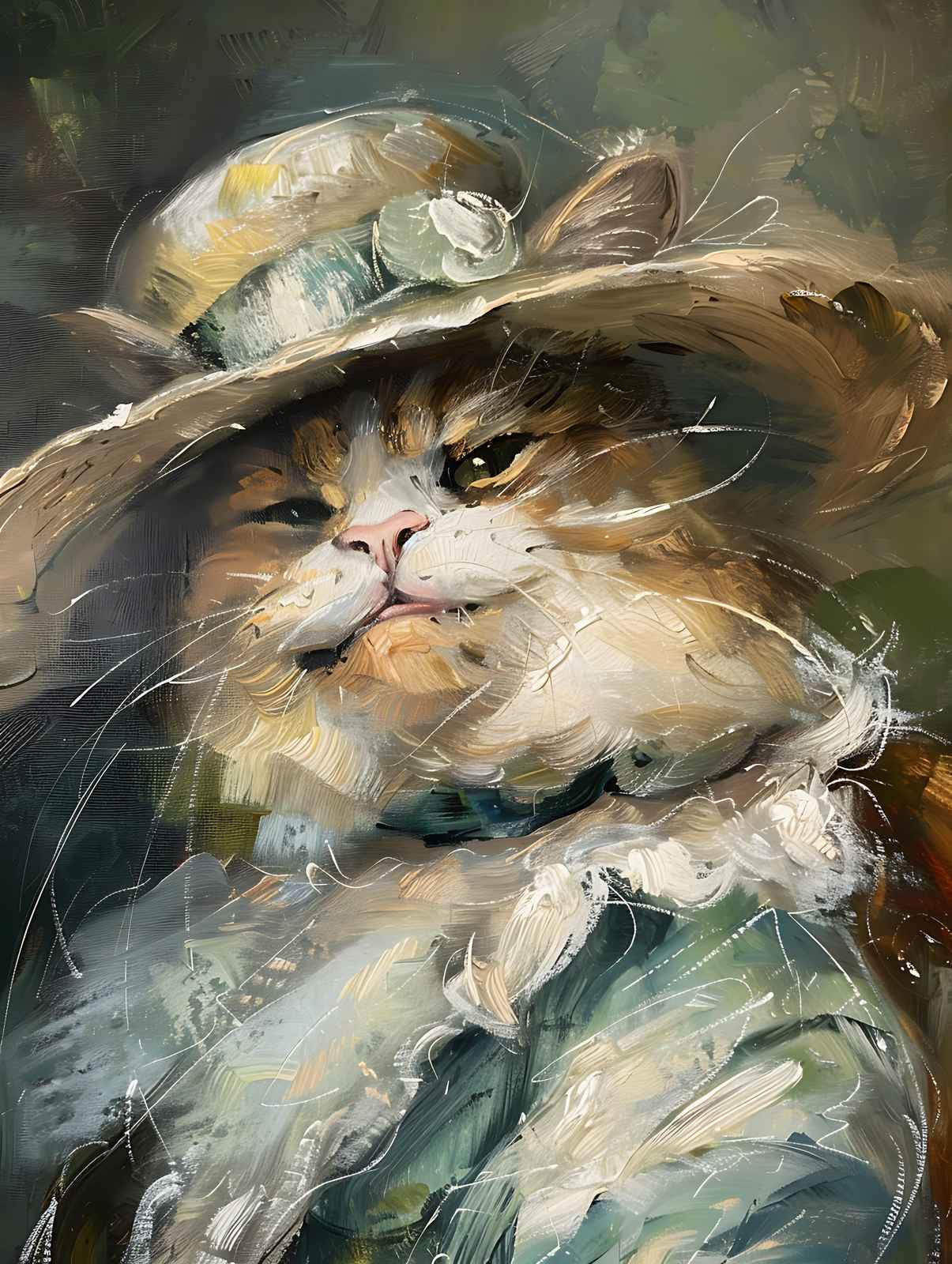Elegant Cat with Hat Oil Painting Wall Art