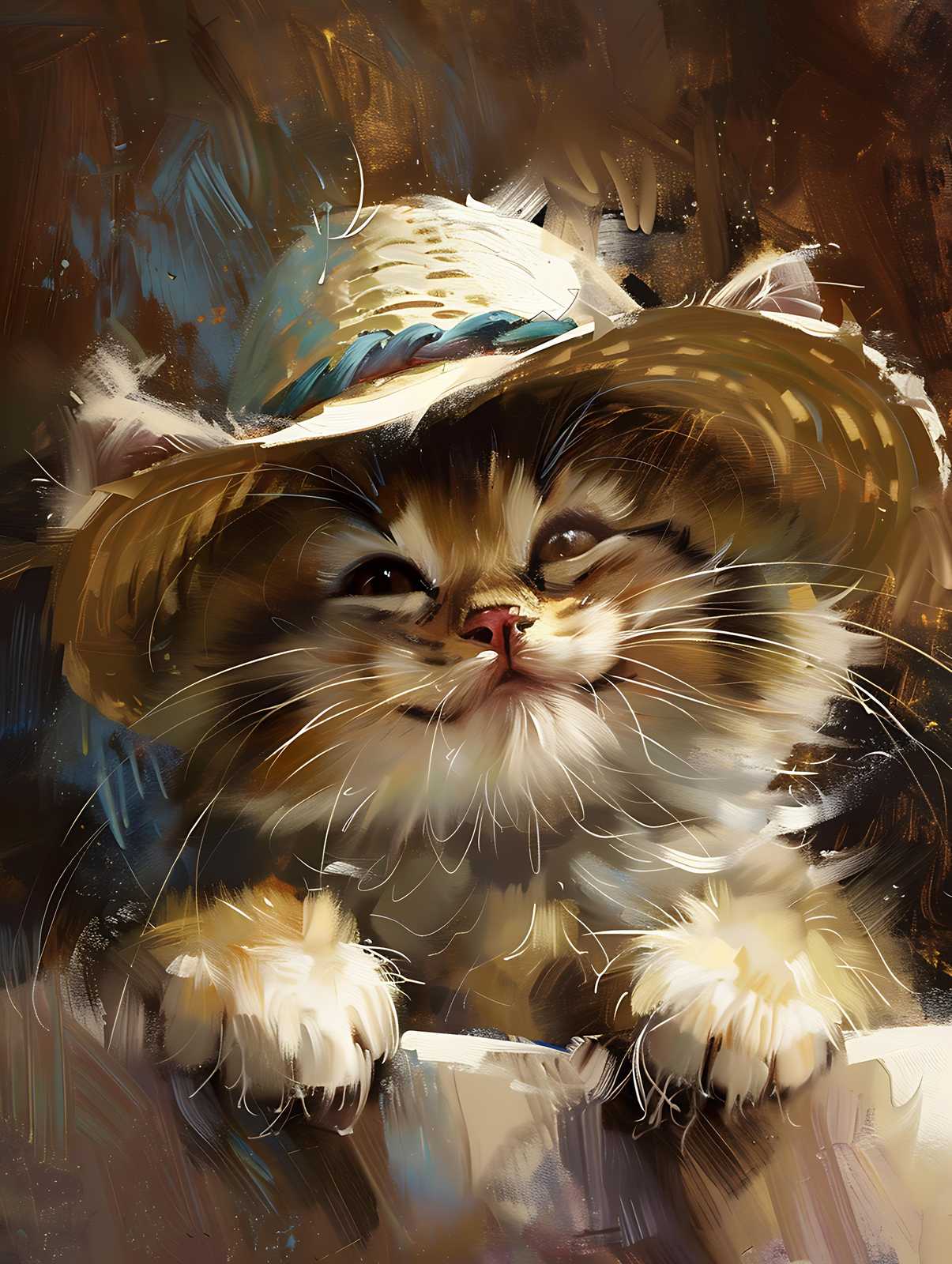 Charming Whiskers Straw Hat Cat Wall Art
