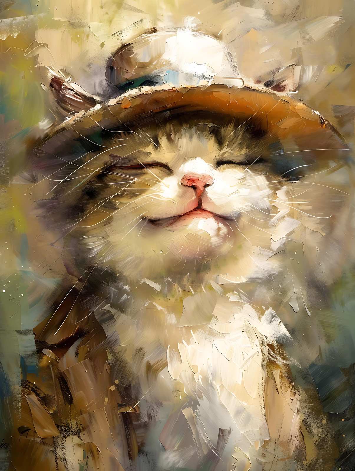 Joyful Cat with Hat Impressionist Wall Art