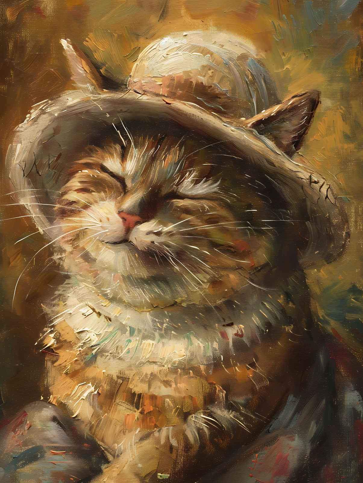Charming Cat in Hat Oil Painting Wall Art