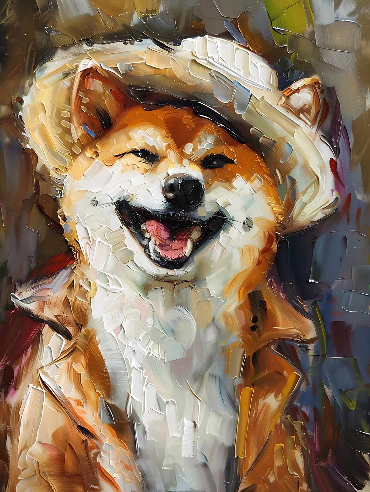 Joyful Shiba Inu in Hat Thick Paint Wall Art