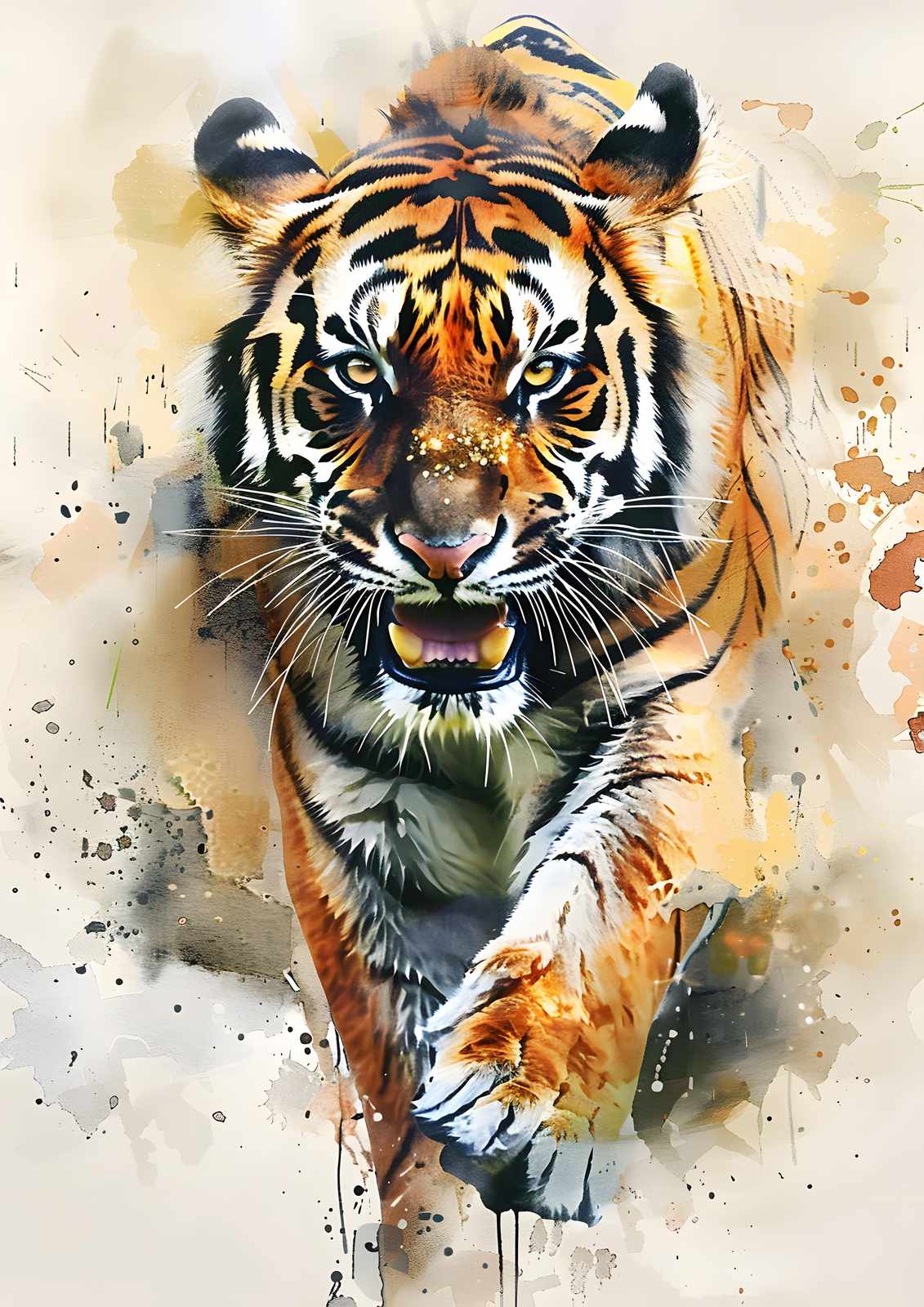 Majestic Tiger Roar Watercolor Wall Art