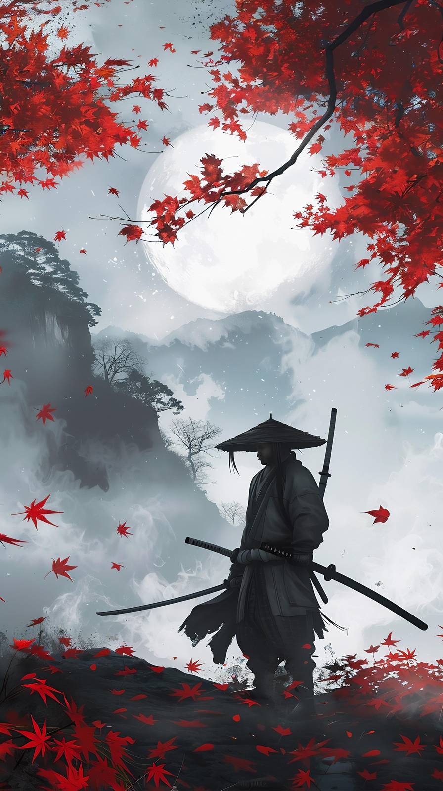 Samurai Warrior Red Maple Moon Wall Art