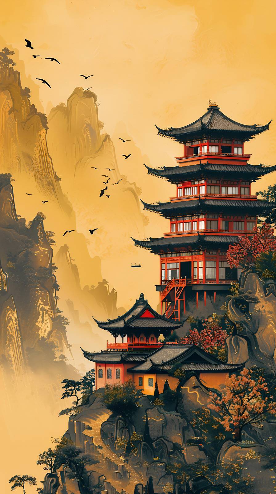 Serene Pagoda Mountainscape Wall Art