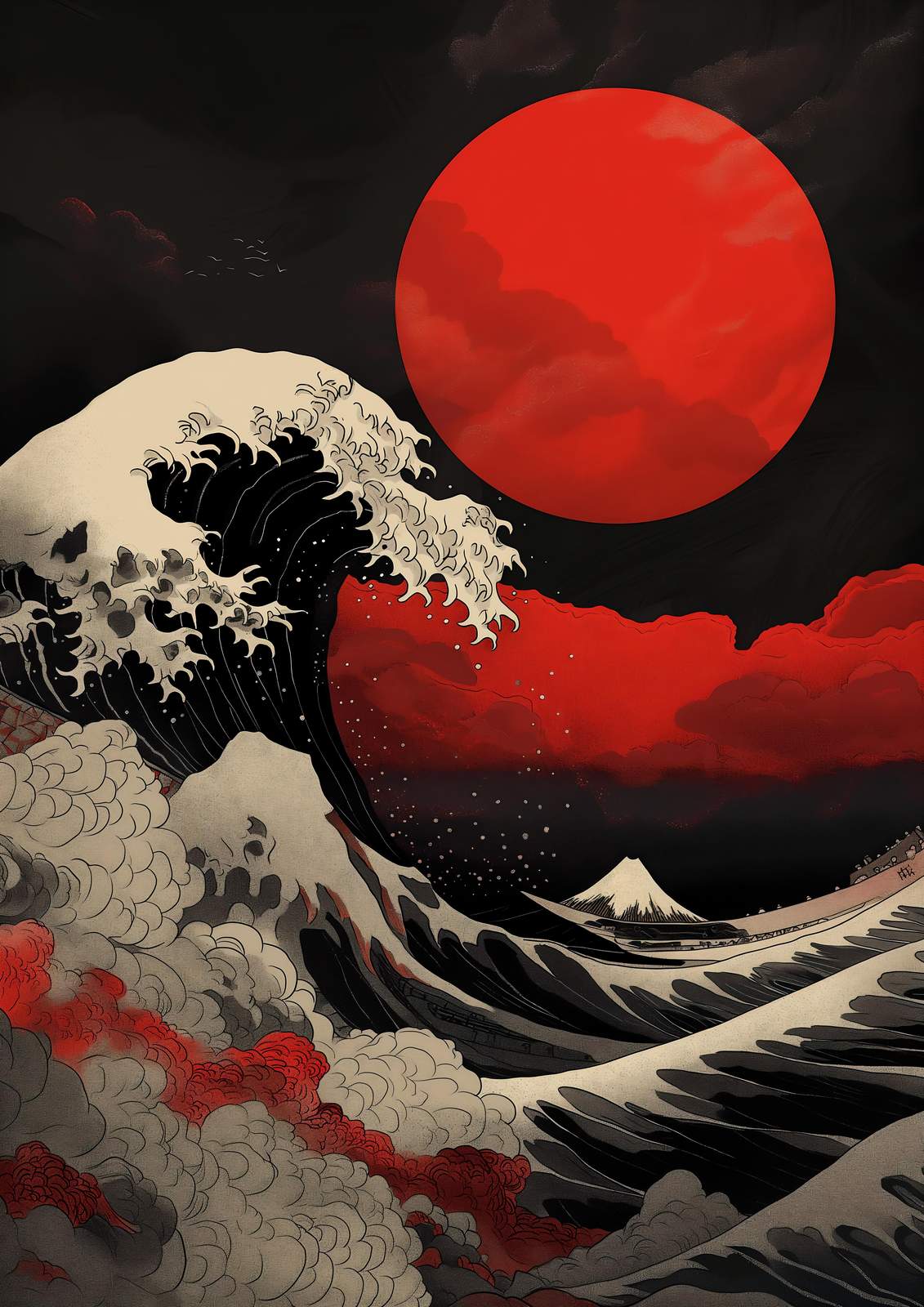 Crimson Sun Wave & Fuji Wall Art