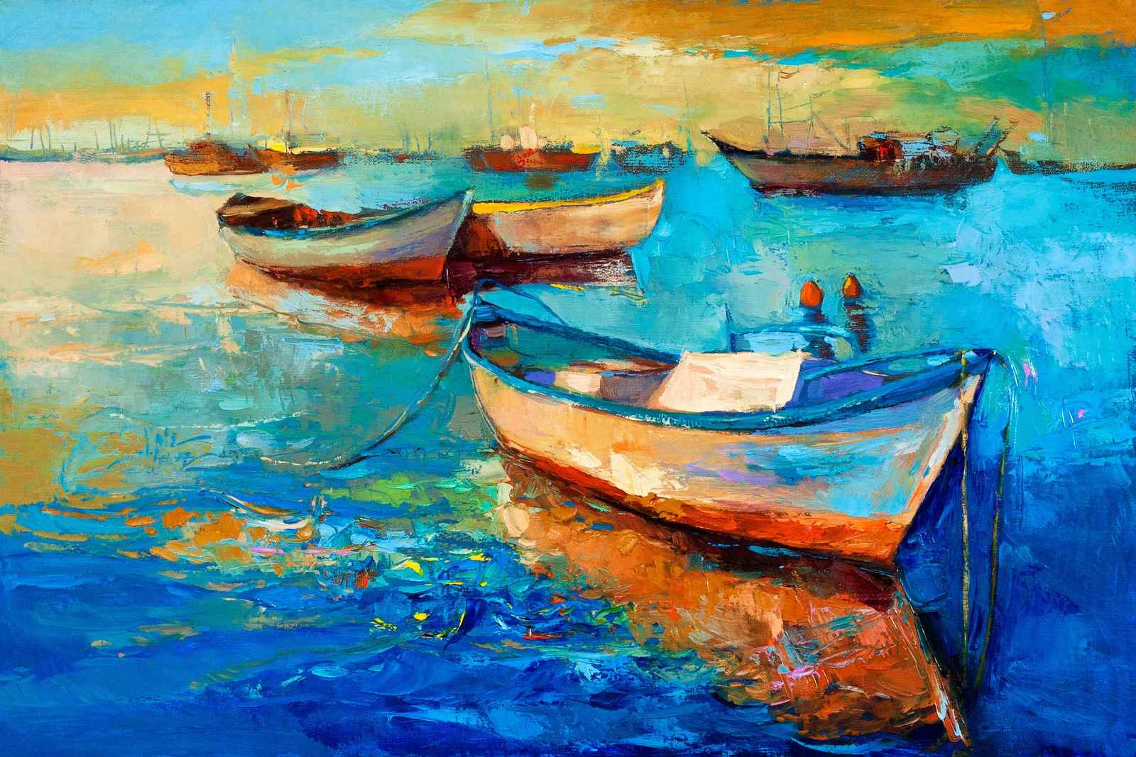 Vibrant Boats Serene Harbor Oil Painting Wall Art