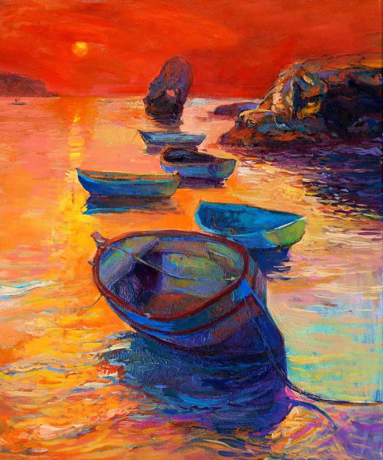 Serene Sunset Boats Oil Painting Wall Art