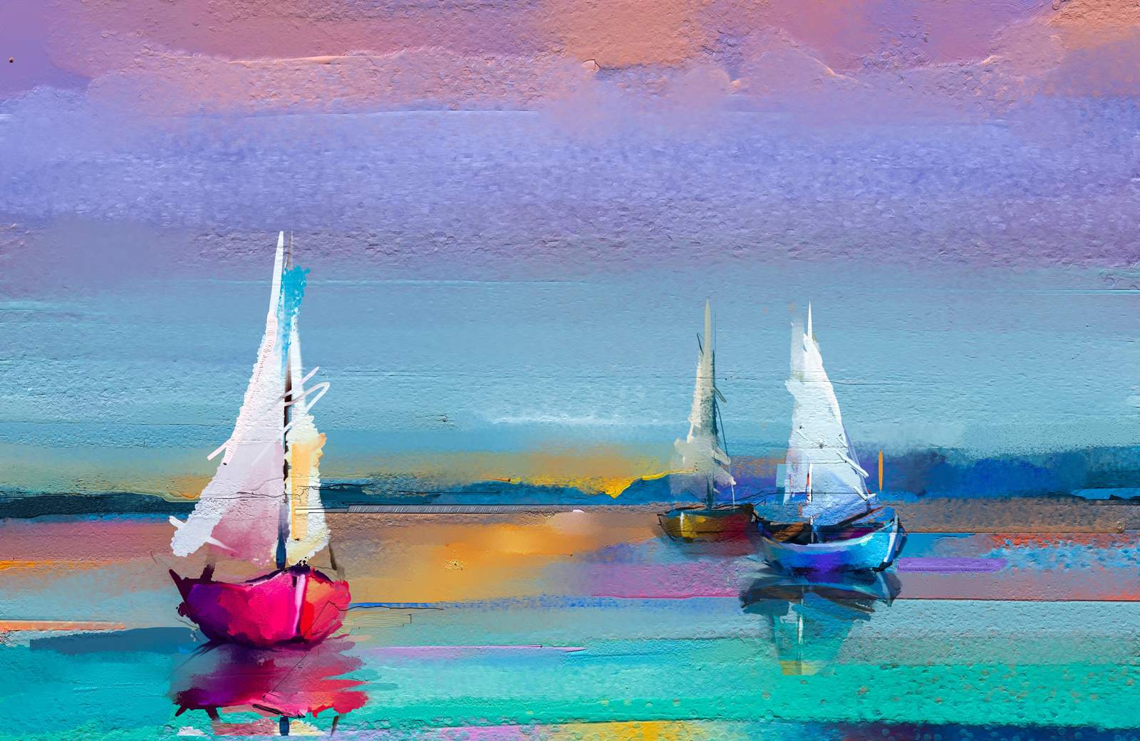 Vibrant Sailboats Sunset Landscape Wall Art