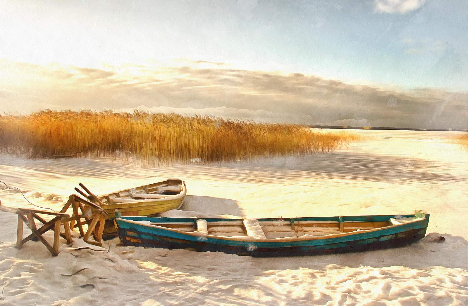 Serene Winter Boats & Reeds Wall Art
