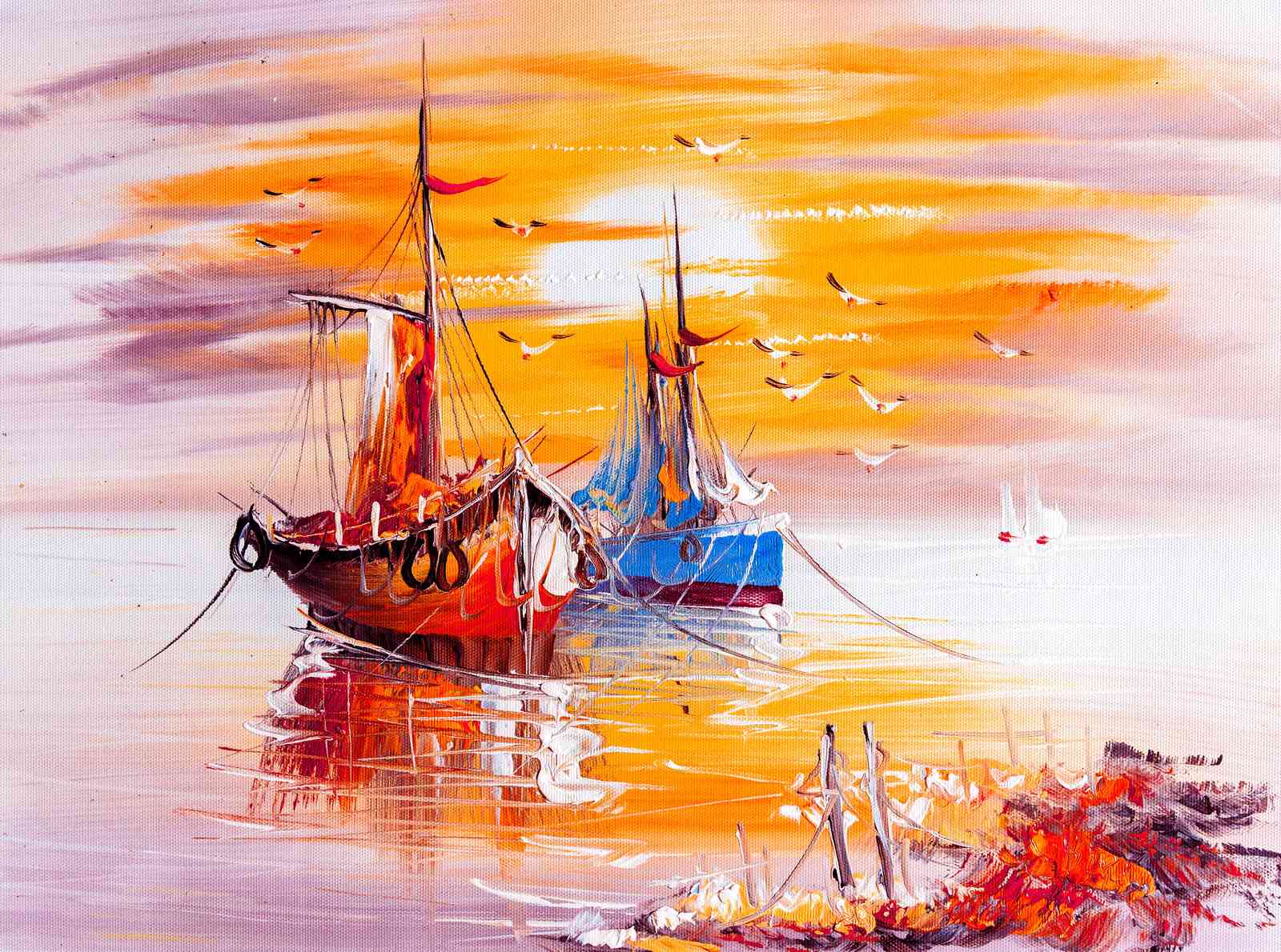 Sunset Sailboats & Seagulls Wall Art
