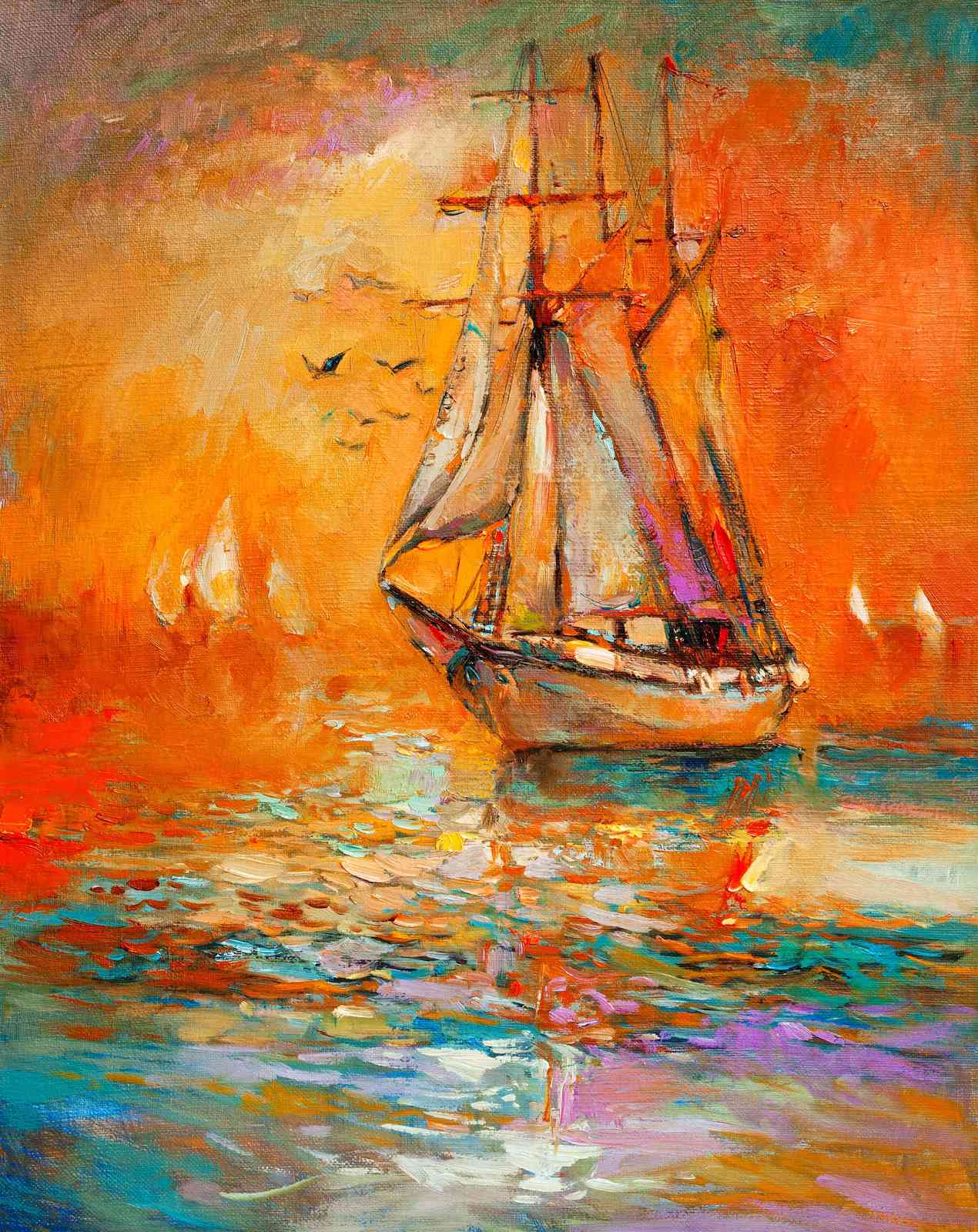 Seascape Sailboat Sunset Oil Painting Wall Art