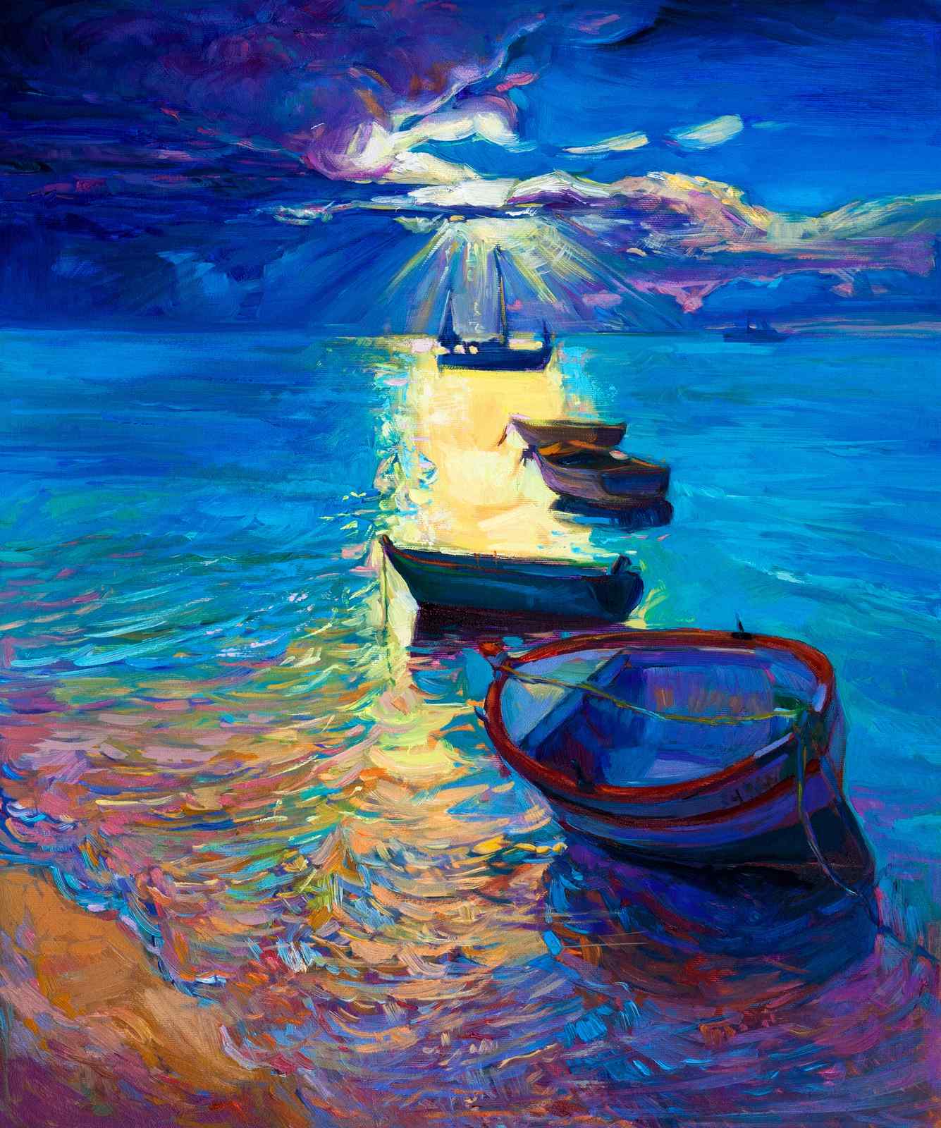 Vibrant Sunset Boats Wall Art