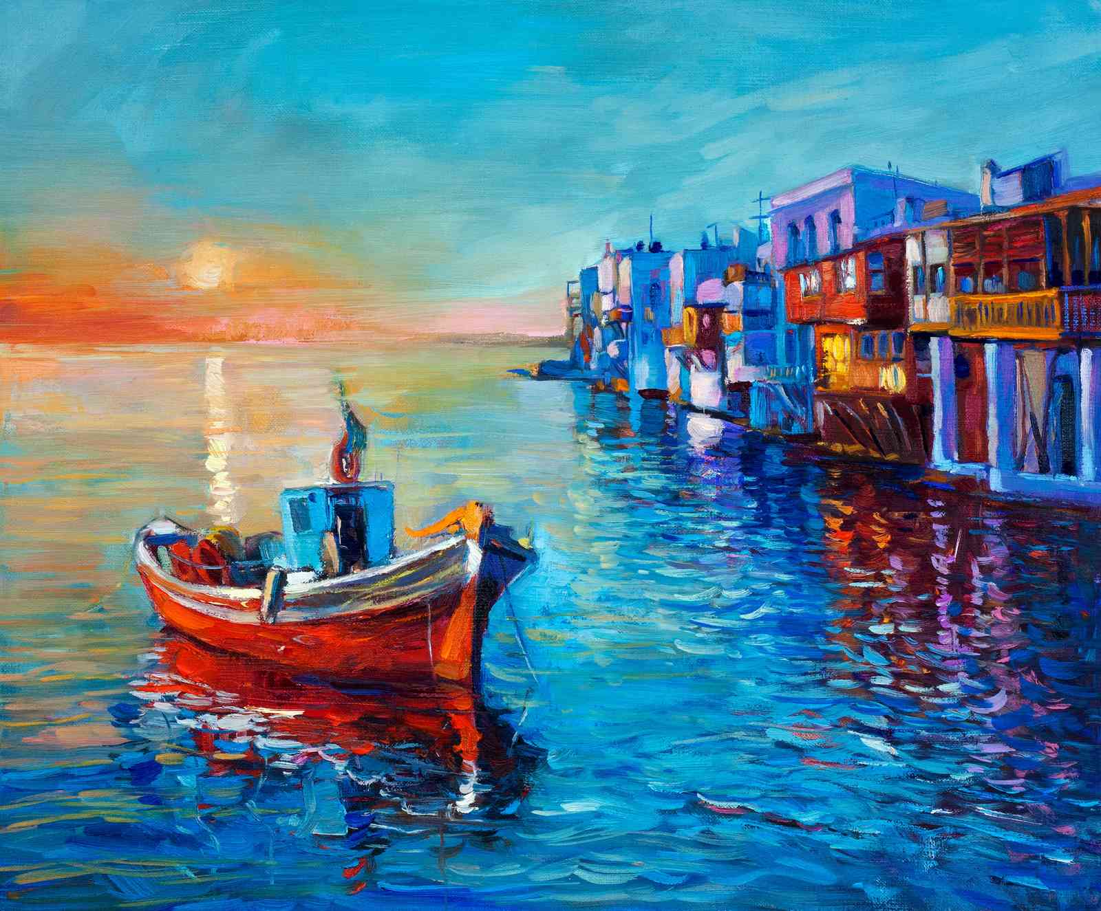 Vibrant Sunset Harbor Boat Wall Art