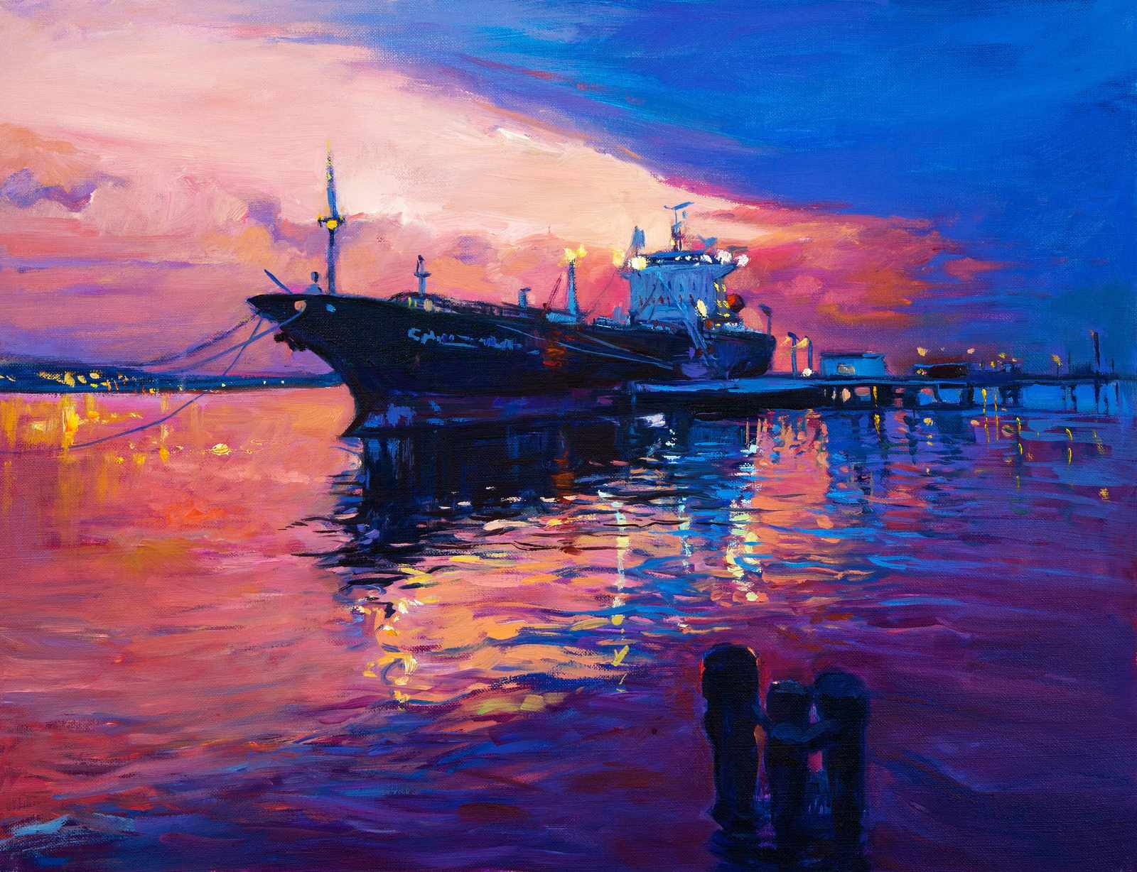Vibrant Harbor Ship Sunset Wall Art