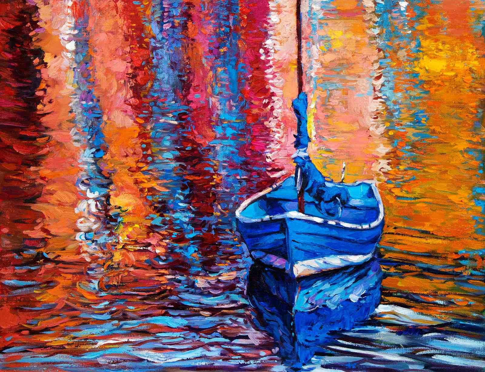 Vibrant Blue Boat & Fiery Sunset Wall Art