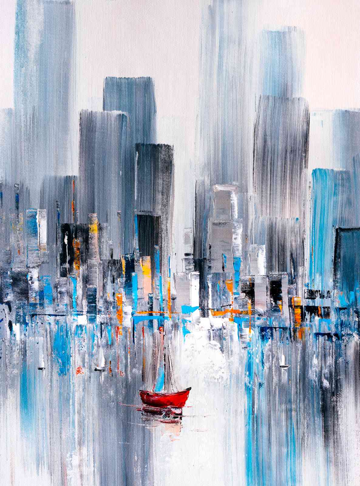 Red Sailboat Cityscape Textured Wall Art