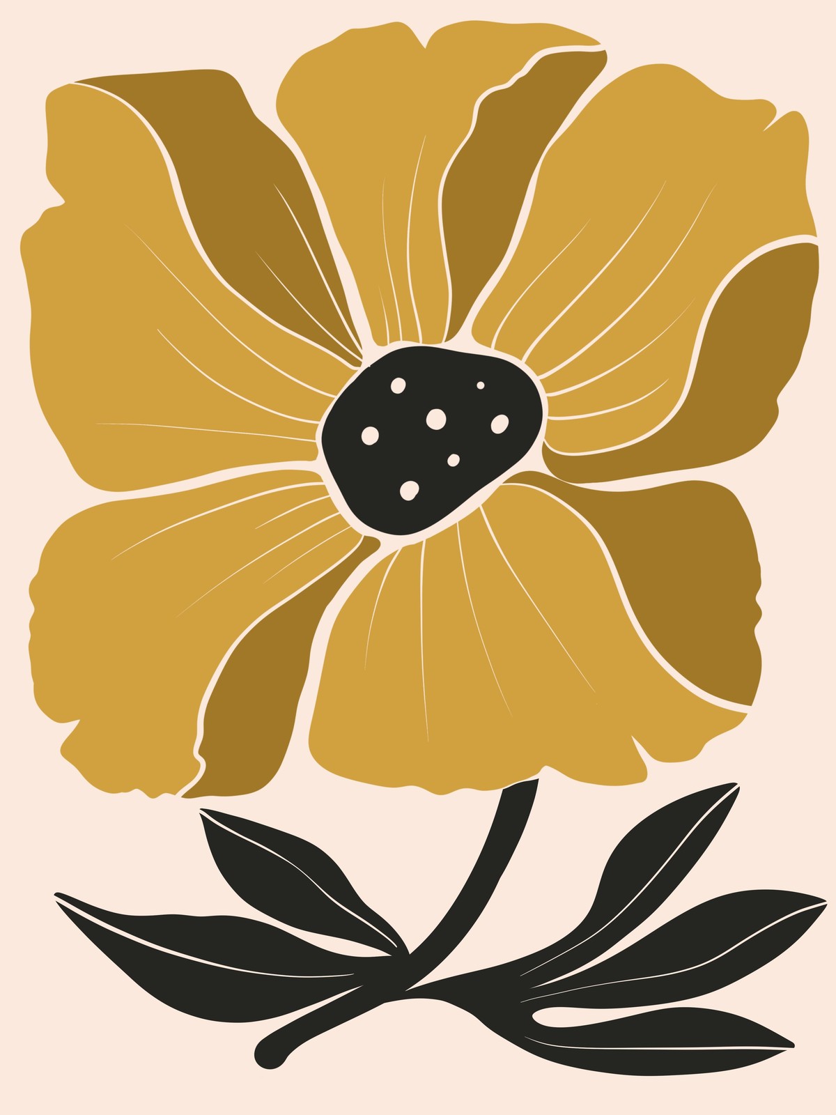 Golden Floral Abstract Mid-Century Modern Wall Art