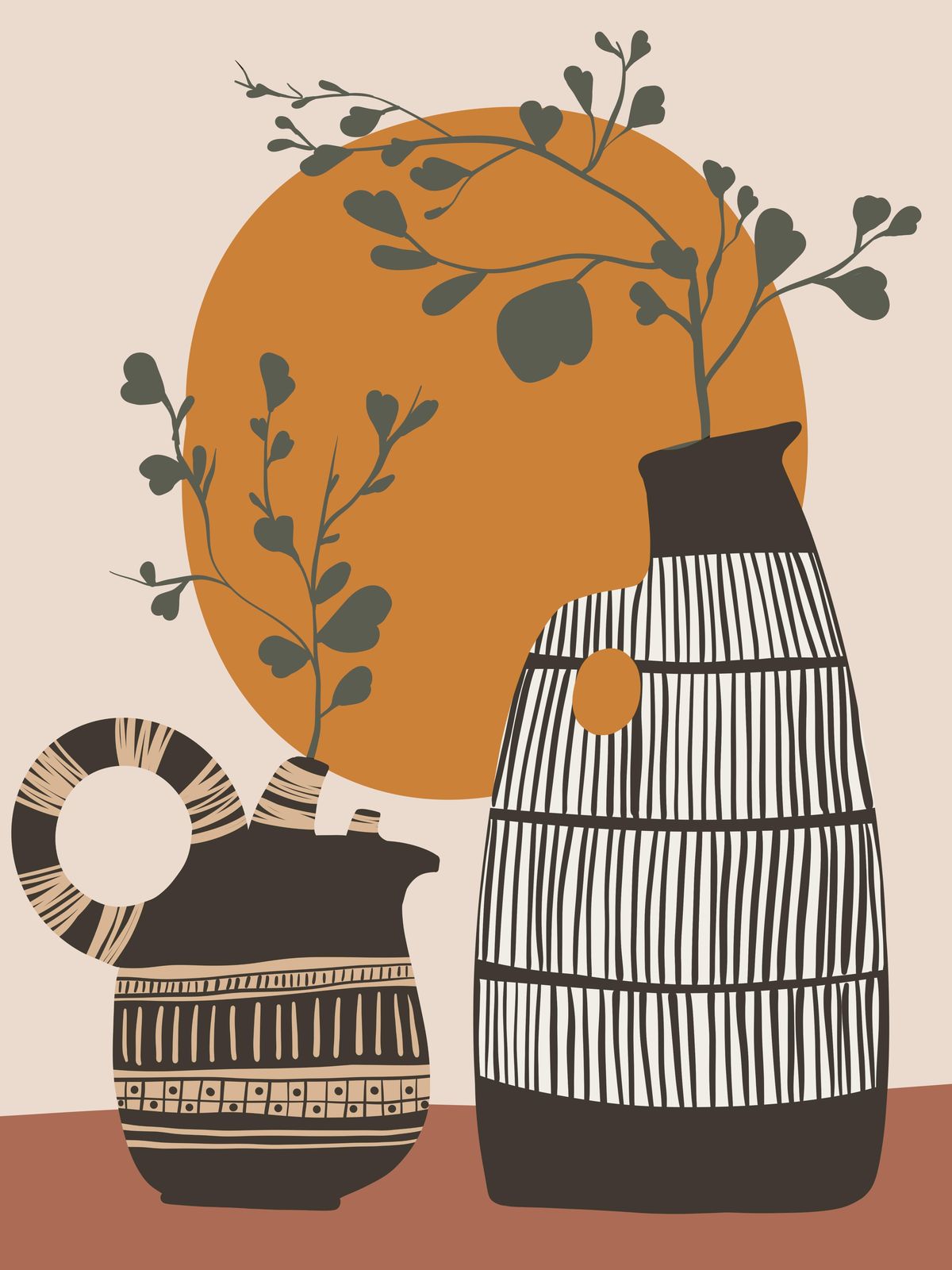 Mid Century Modern Vases & Sun Wall Art