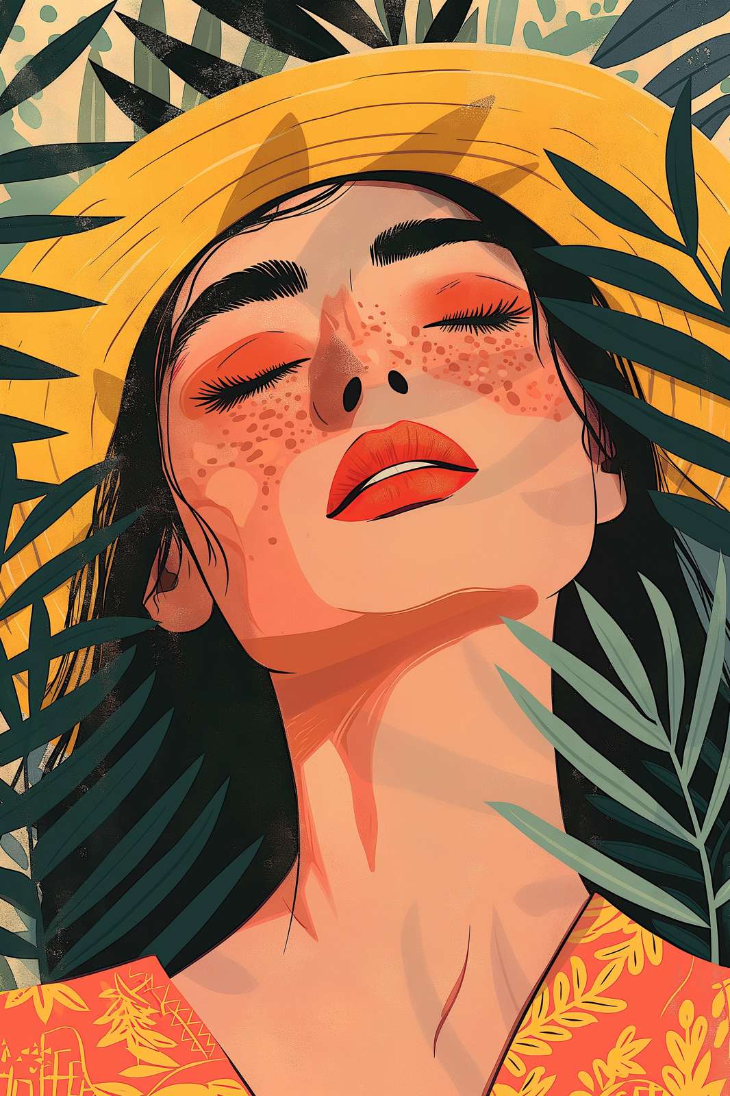 Serene Tropical Woman with Freckles Wall Art