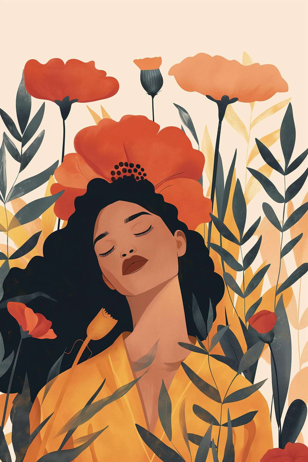 Serene Bloom Woman Floral Art Wall Art