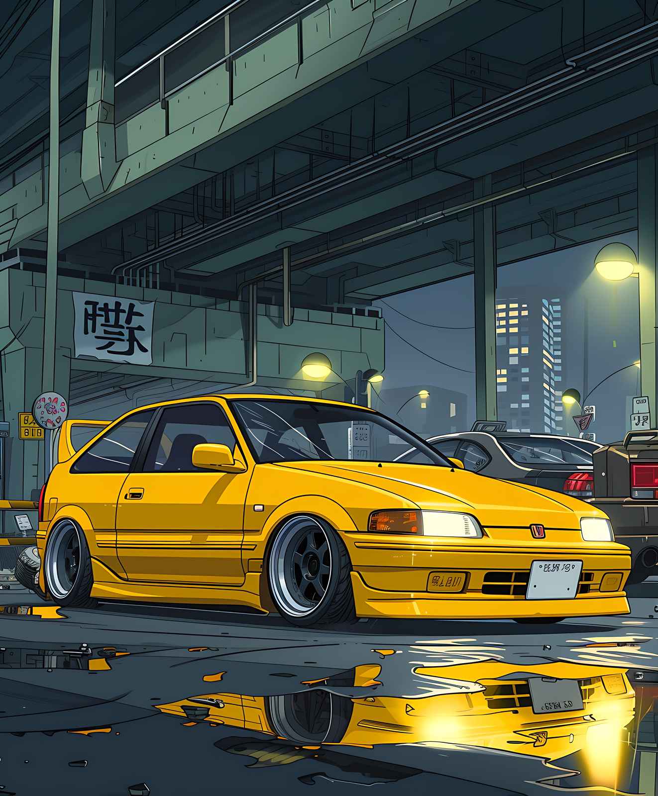 JDM Yellow Civic EF 3D Render Wall Art