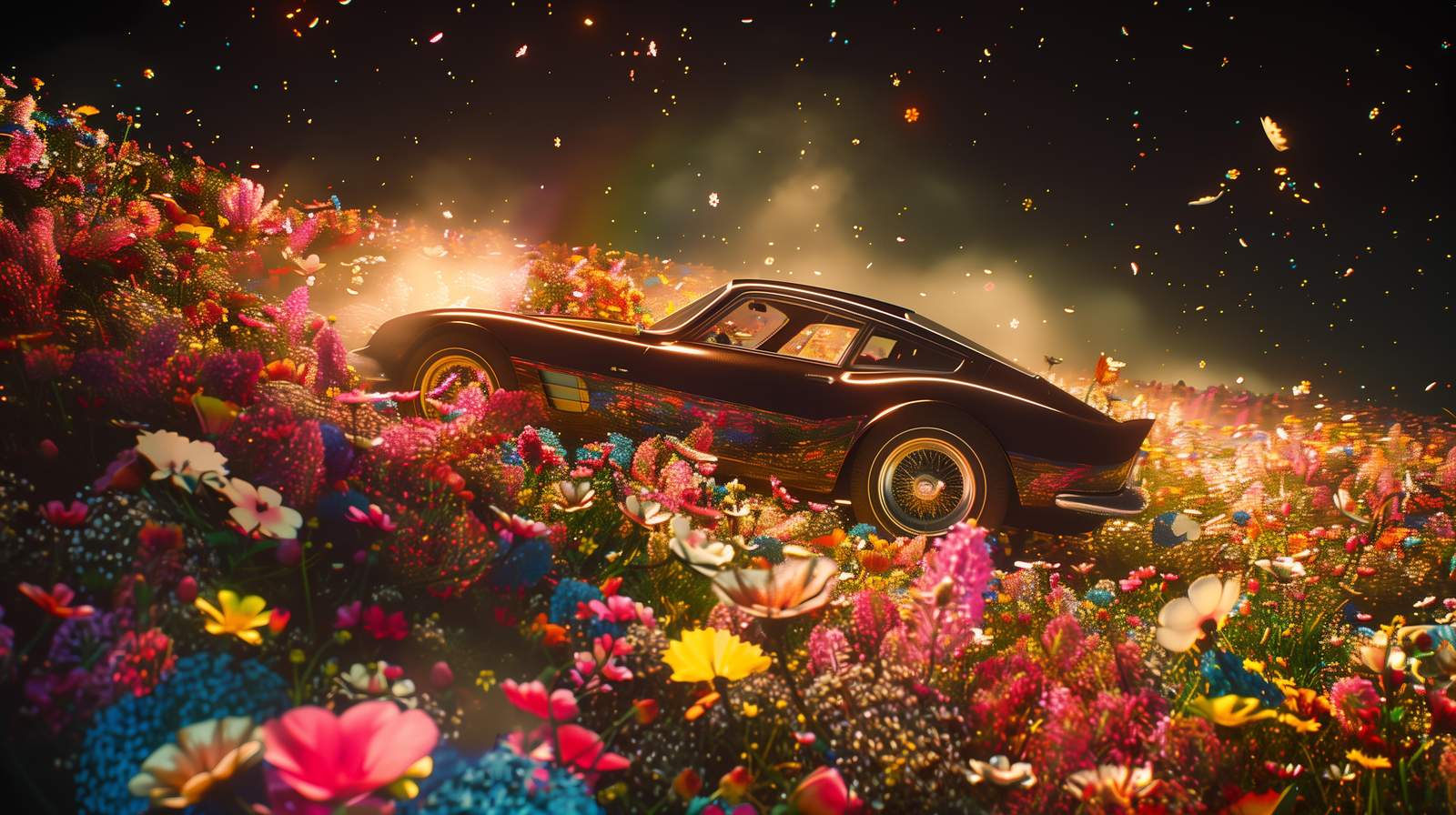 Dreamscape Drive: Vintage Car Floral Fantasy Wall Art