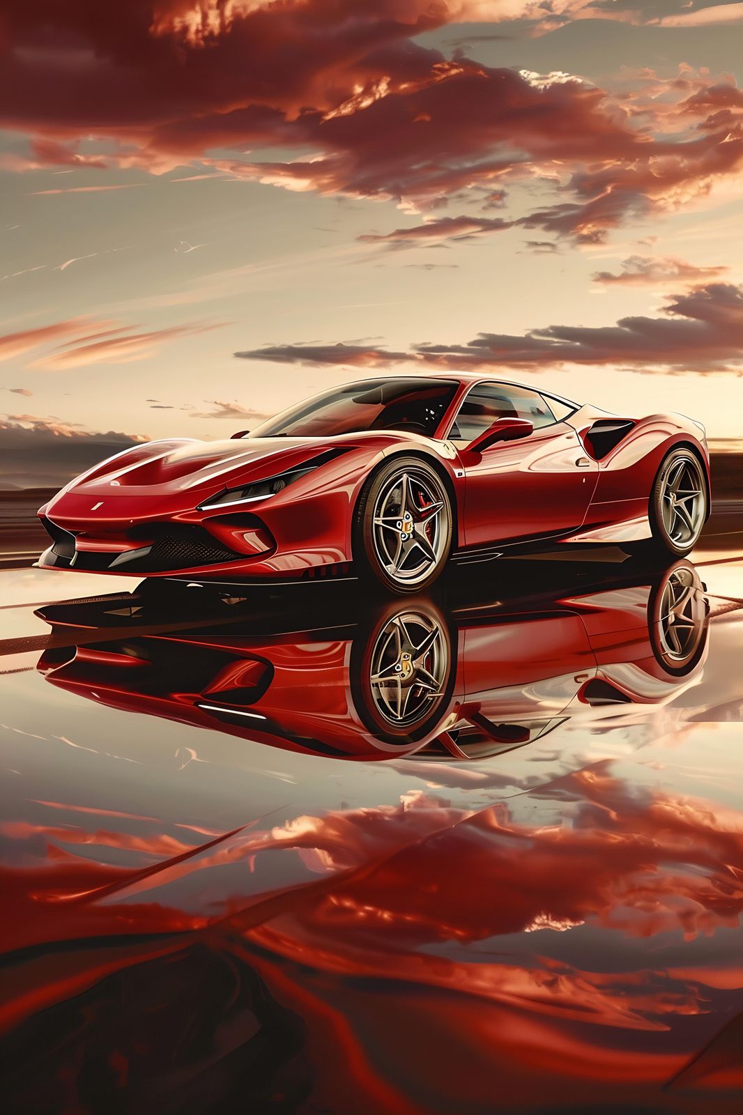 Luxury Red Sports Car Sunset Reflection Wall Art