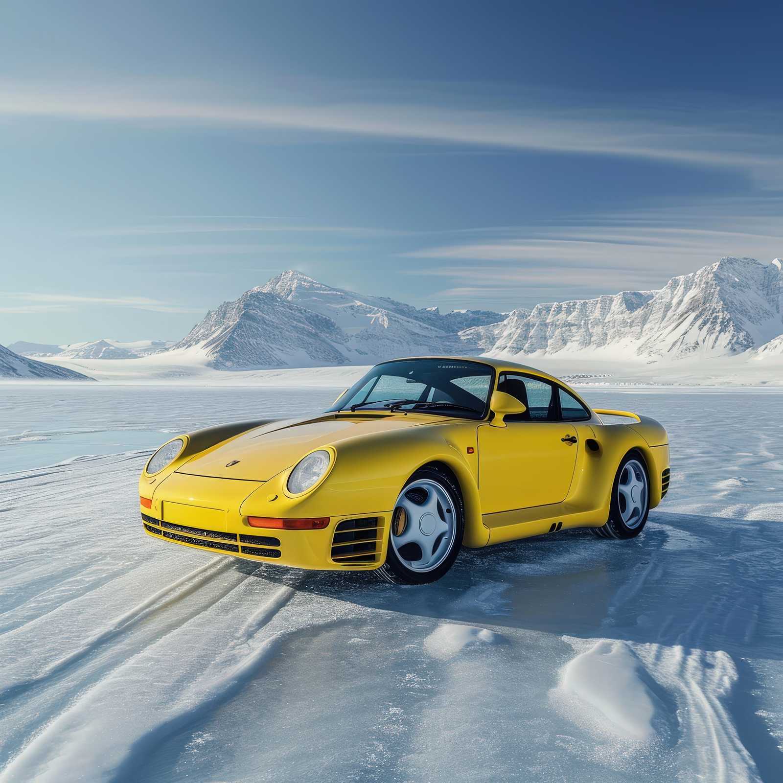 Vibrant Yellow Porsche 959 Winter Ice Wall Art