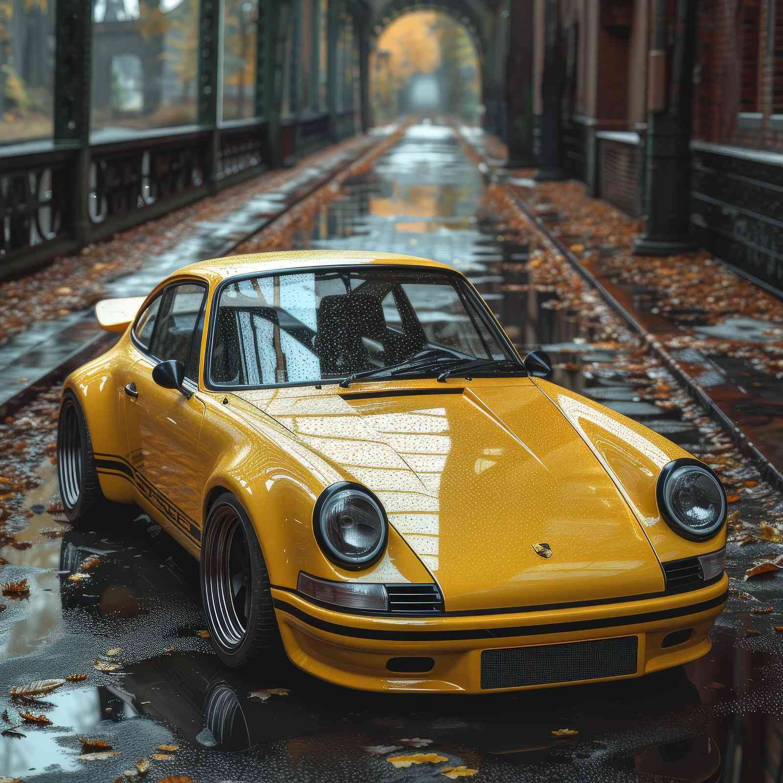 Yellow Classic Porsche Autumn Rain Wall Art