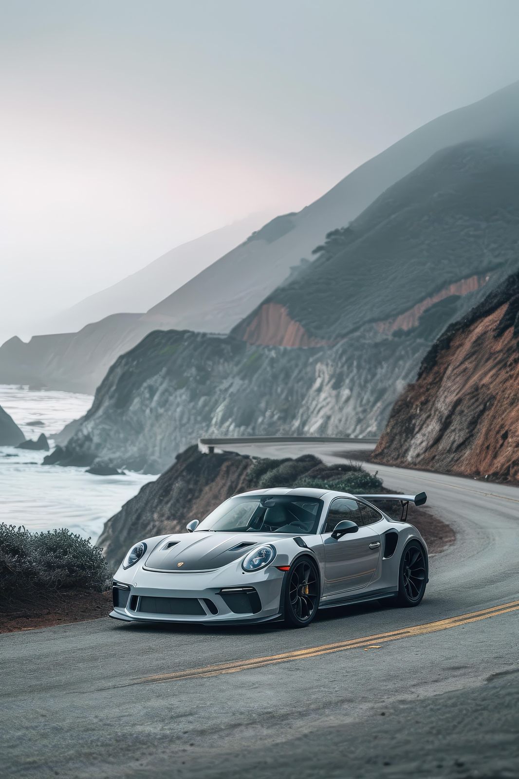 Silver Porsche GT3 Coastal Drive Wall Art