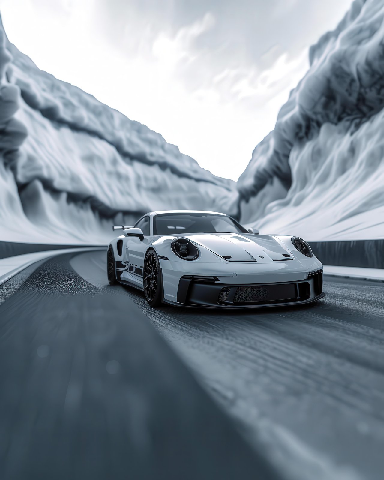 Sleek Porsche in Snowy Canyon Wall Art