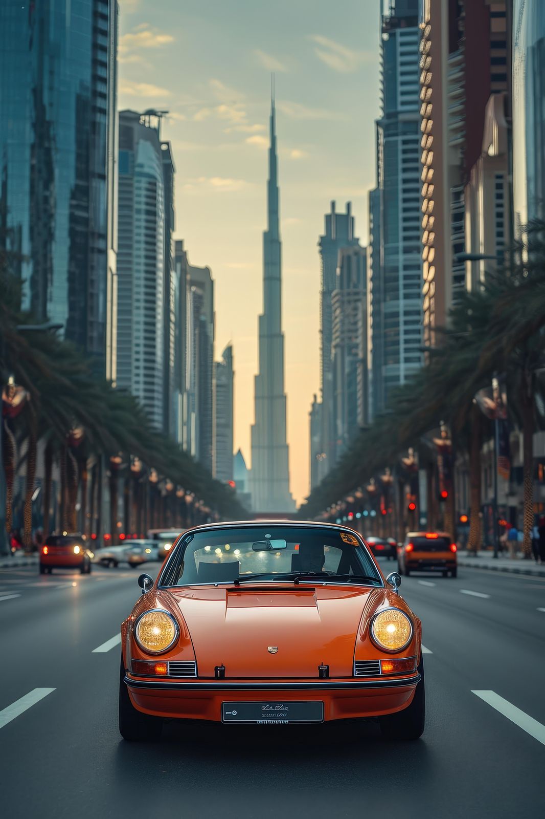 Vintage Orange Porsche Dubai Skyline Wall Art