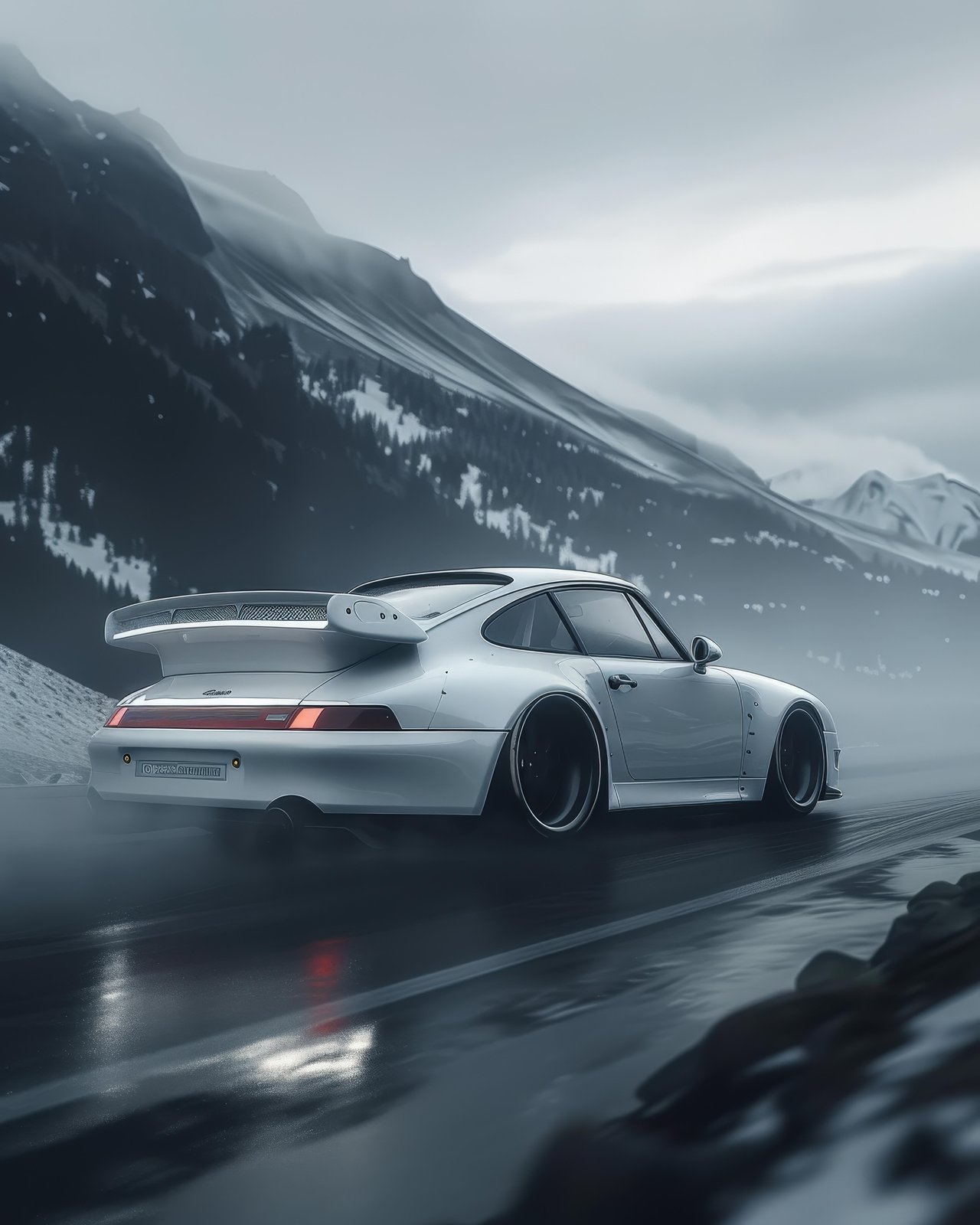 White Porsche Turbo on Misty Mountain Road Wall Art