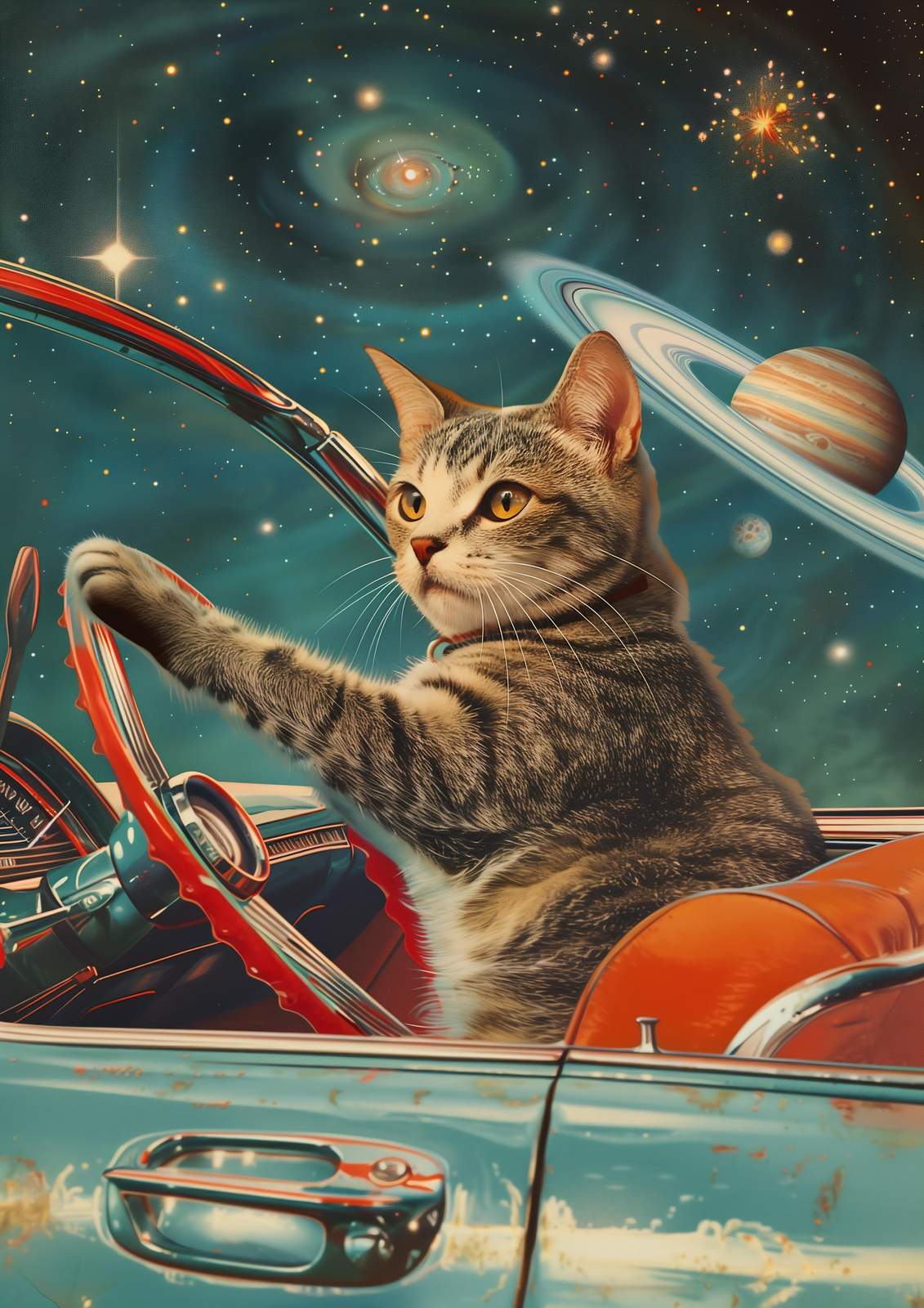 Cosmic Kitty Cruising Retro Car Wall Art
