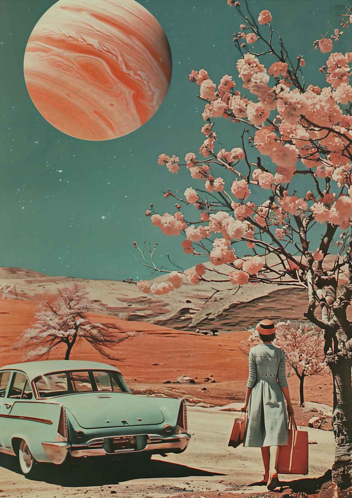 Retro Space Dream Cherry Blossom Wall Art