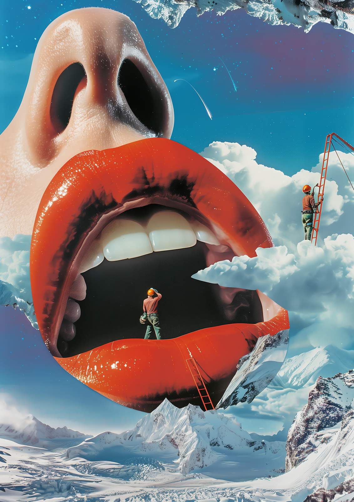 Surreal Dreamscape Red Lips Mountains Wall Art