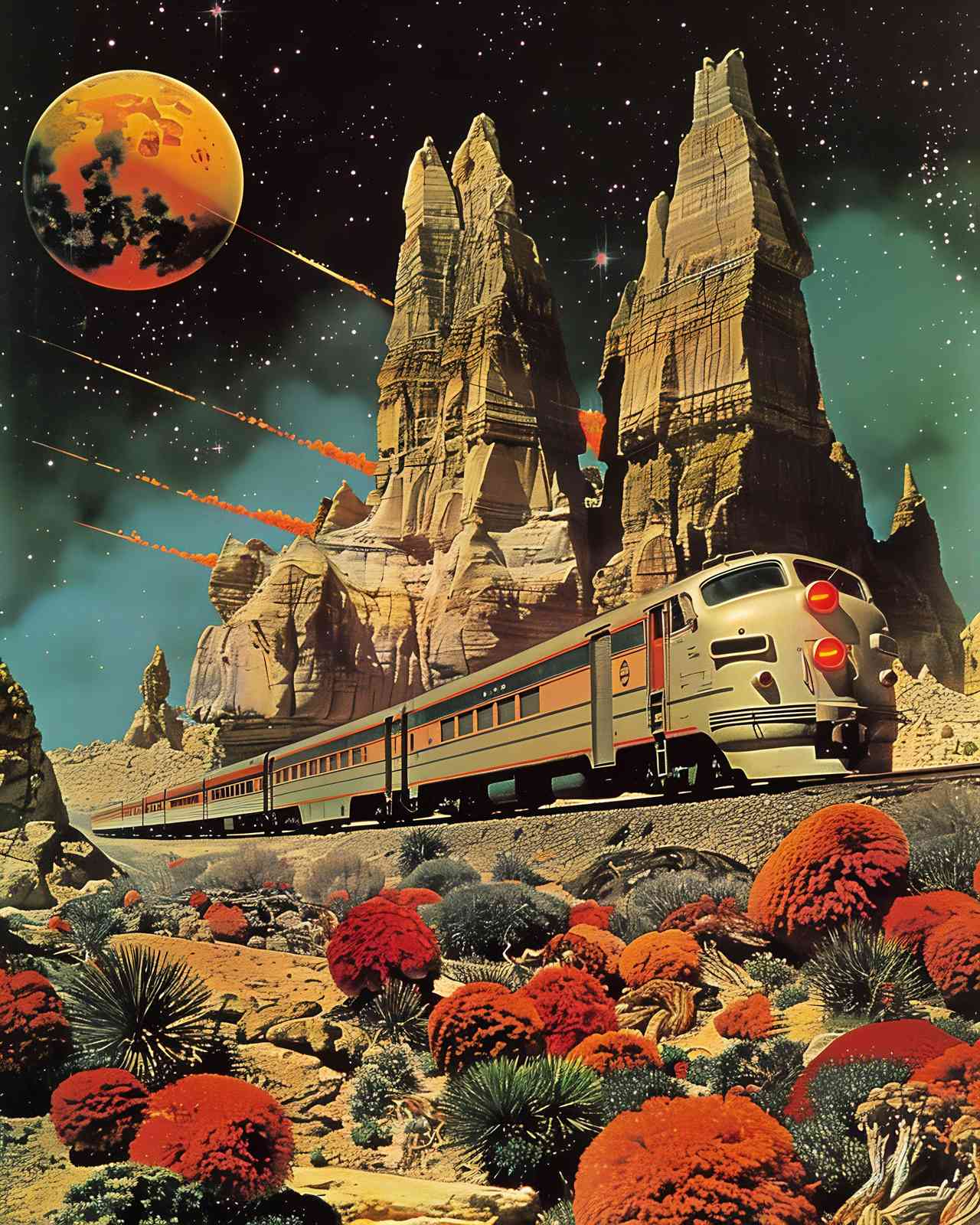Retro Sci-Fi Train Desert Planet Wall Art