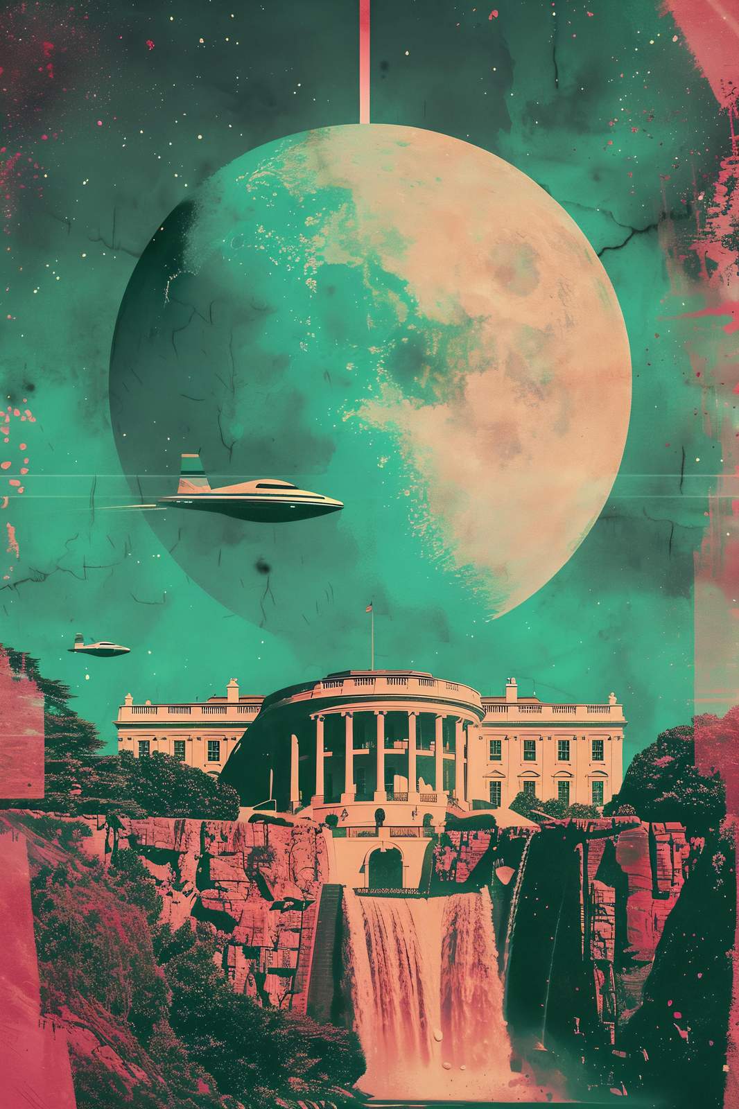 Retro Sci-Fi Oval Office with UFOs Wall Art