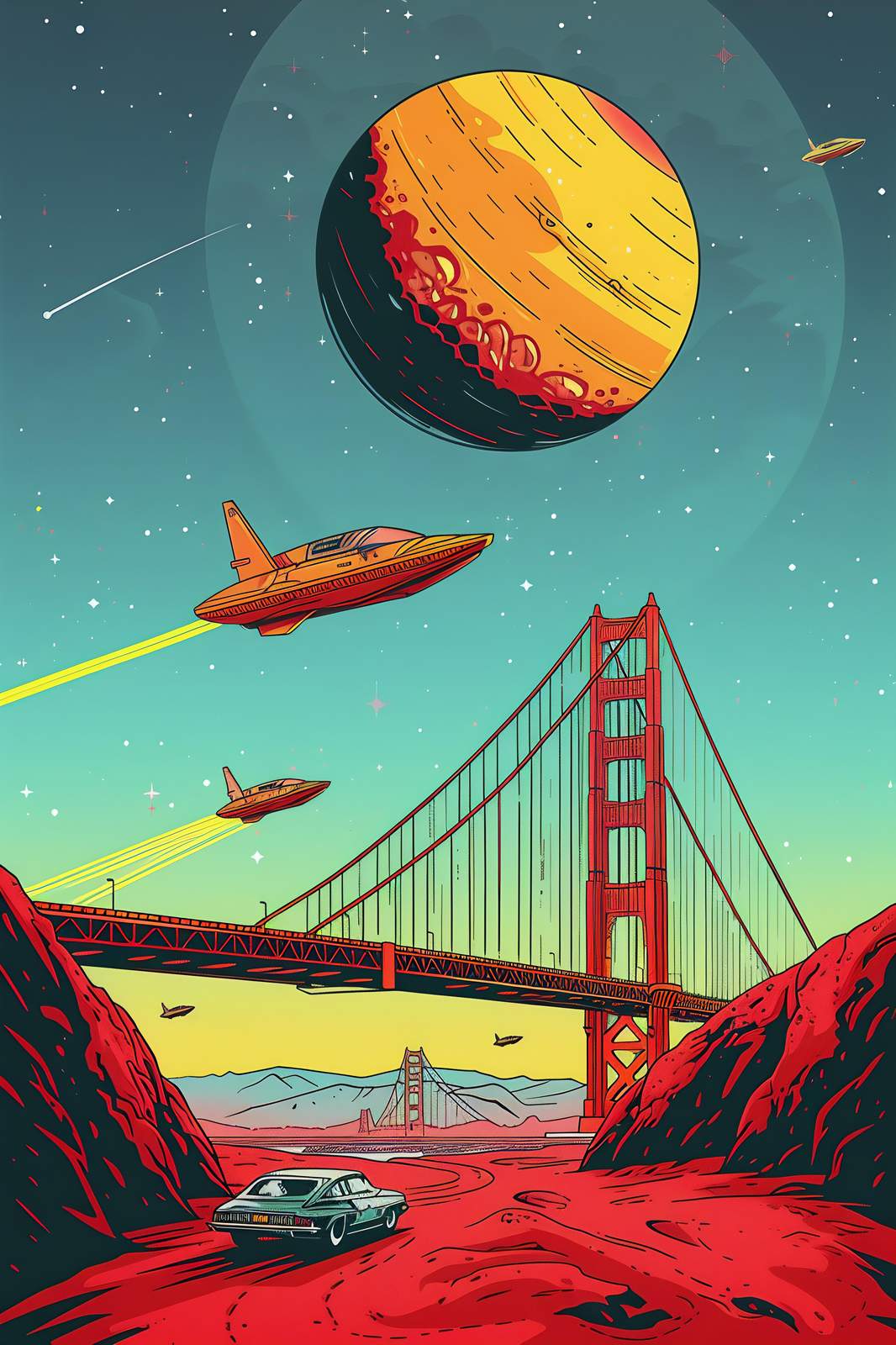 Retro Sci-Fi Golden Gate Spaceships Wall Art