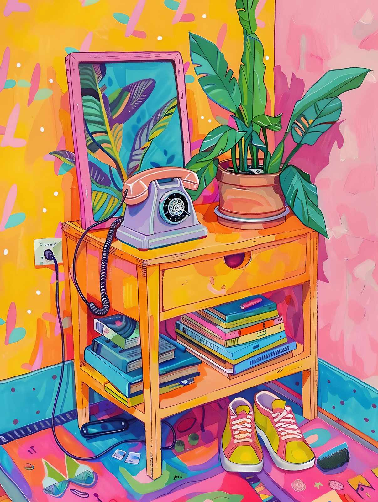 Retro Phone & Plant Pop Art Wall Art