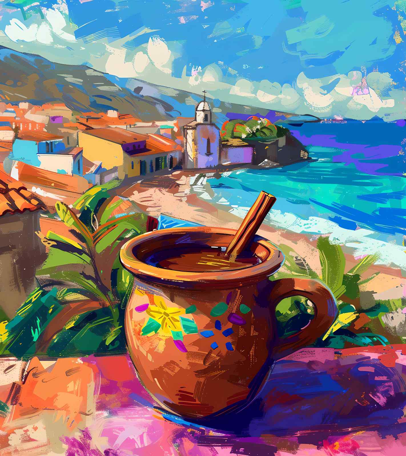 Vibrant Mexican Coastal View & Hot Drink Wall Art