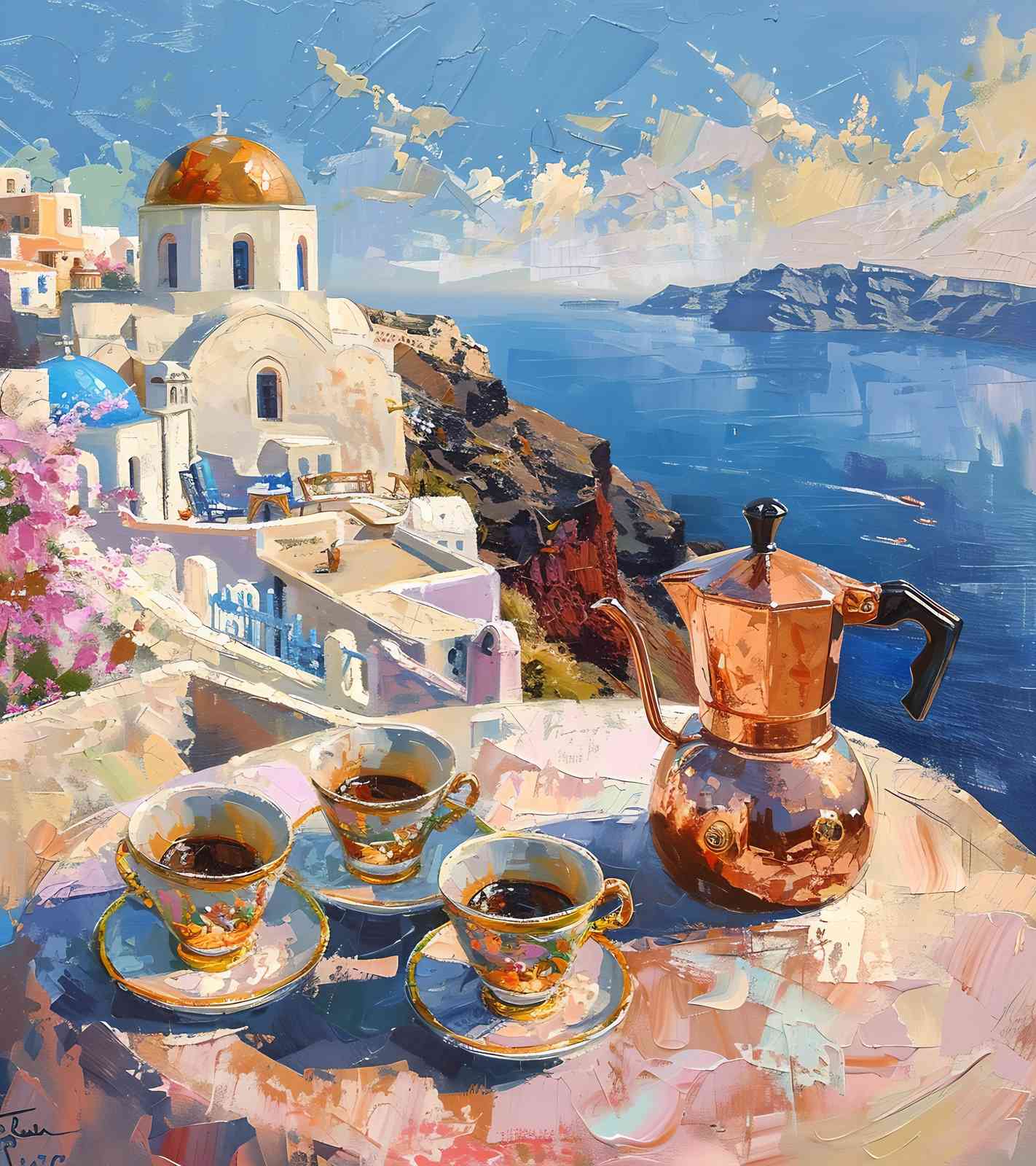 Santorini Morning Coffee Oil Painting Wall Art