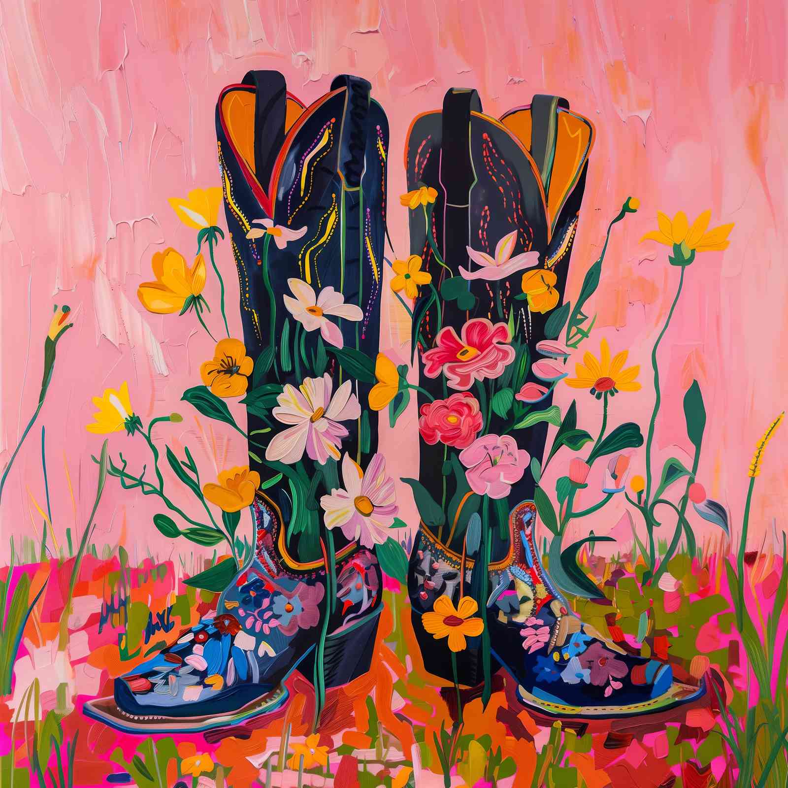 Floral Cowboy Boots Pink Wall Art