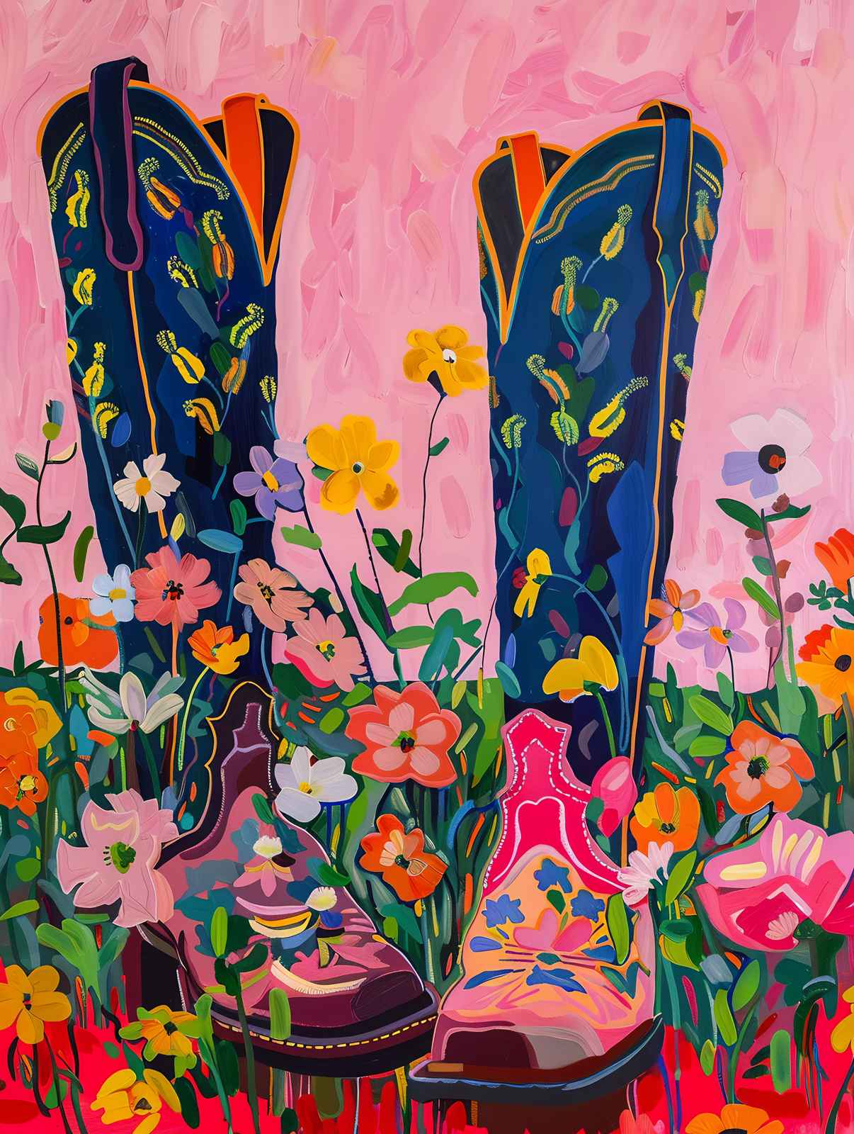 Vibrant Floral Cowboy Boots Wall Art